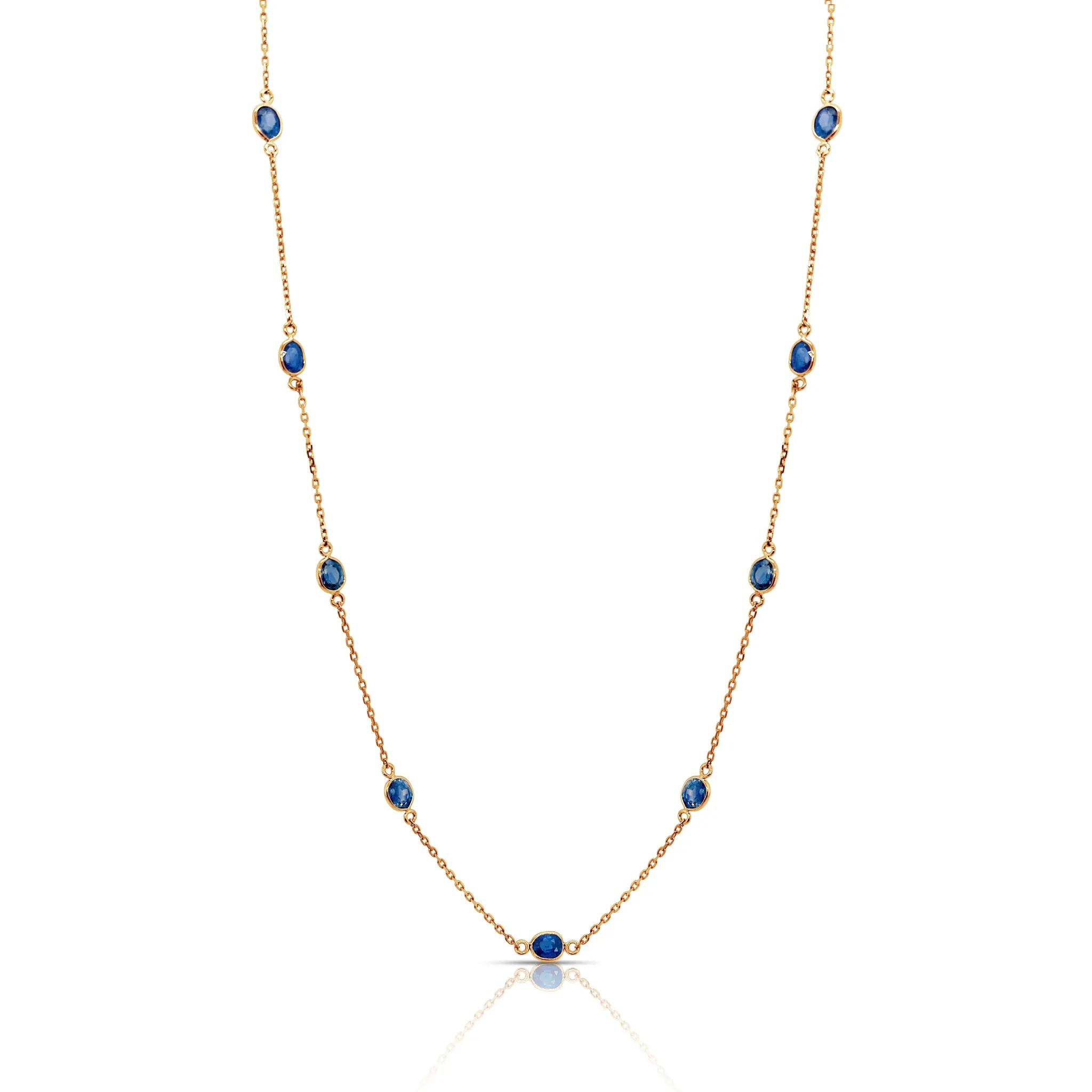 Blue Sapphire Oval Station Necklace In 18K Yellow Gold