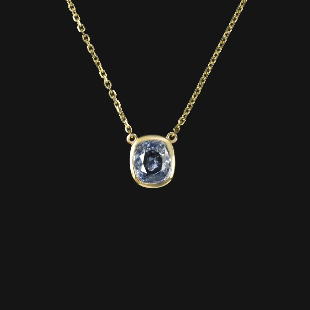 BLUE SAPPHIRE PENDANT NECKLACE CUSHION SHAPE BEZEL 14K YELLOW GOLD NATURAL 1ct