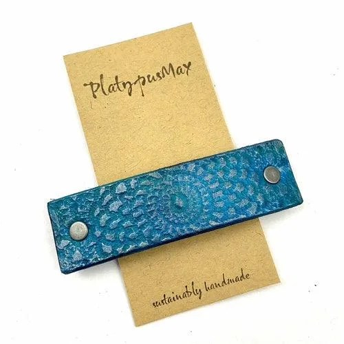 Brilliant Blue / Turquoise Lace Mandala Imprint Leather Hair Barrette