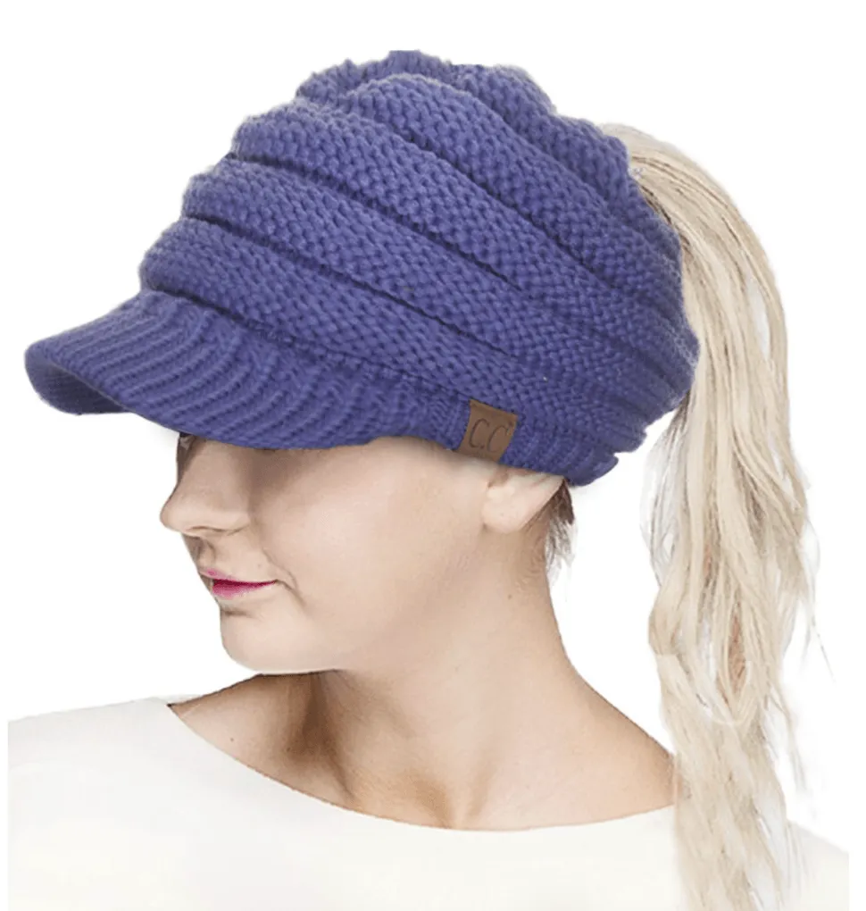 C.C KNIT BRIM MESSY BUN PONYTAIL VISOR BEANIE HAT-MB-131