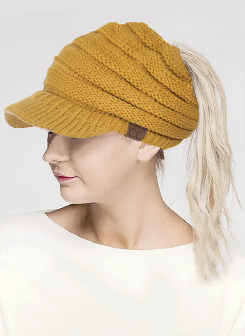 C.C KNIT BRIM MESSY BUN PONYTAIL VISOR BEANIE HAT-MB-131