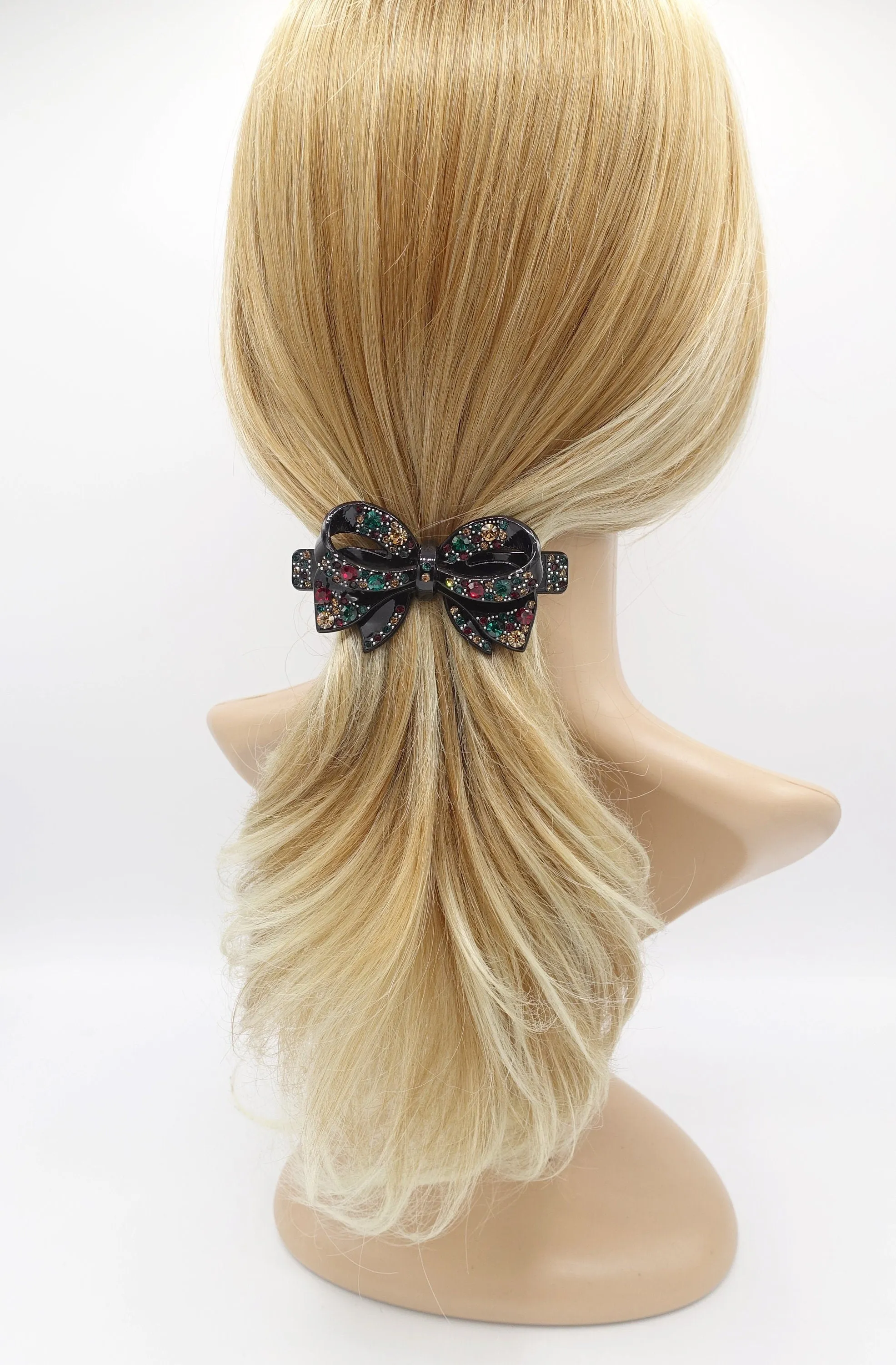 cellulose bow barrette, rhinestone barrette, jeweled bow barrette for women