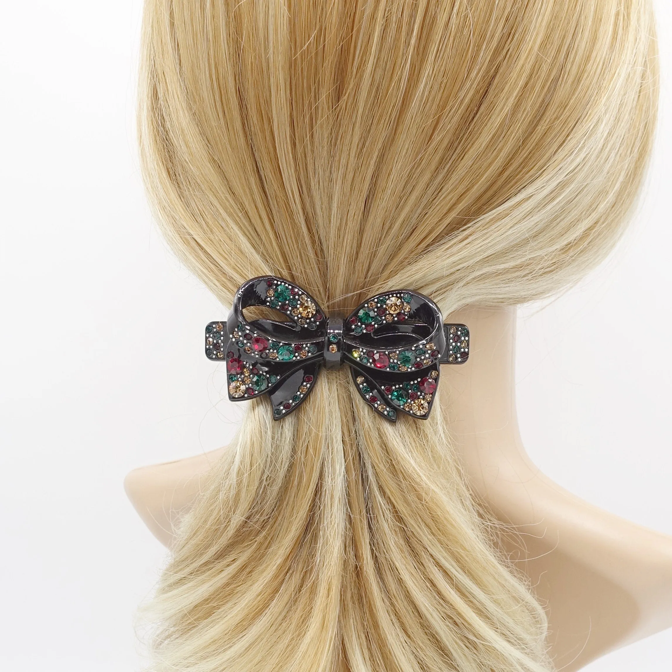 cellulose bow barrette, rhinestone barrette, jeweled bow barrette for women