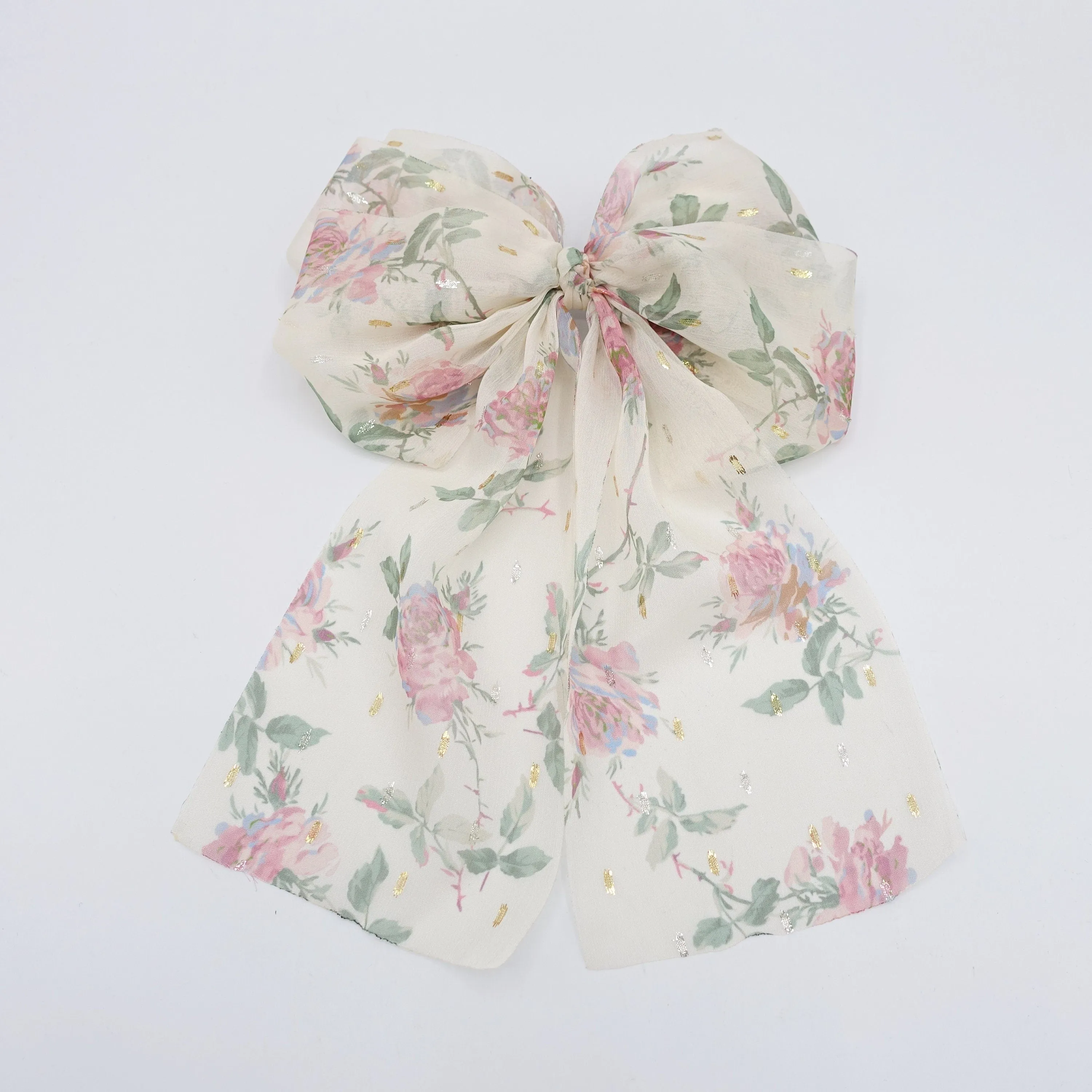 chiffon floral hair bow, chiffon tail hair bow for women