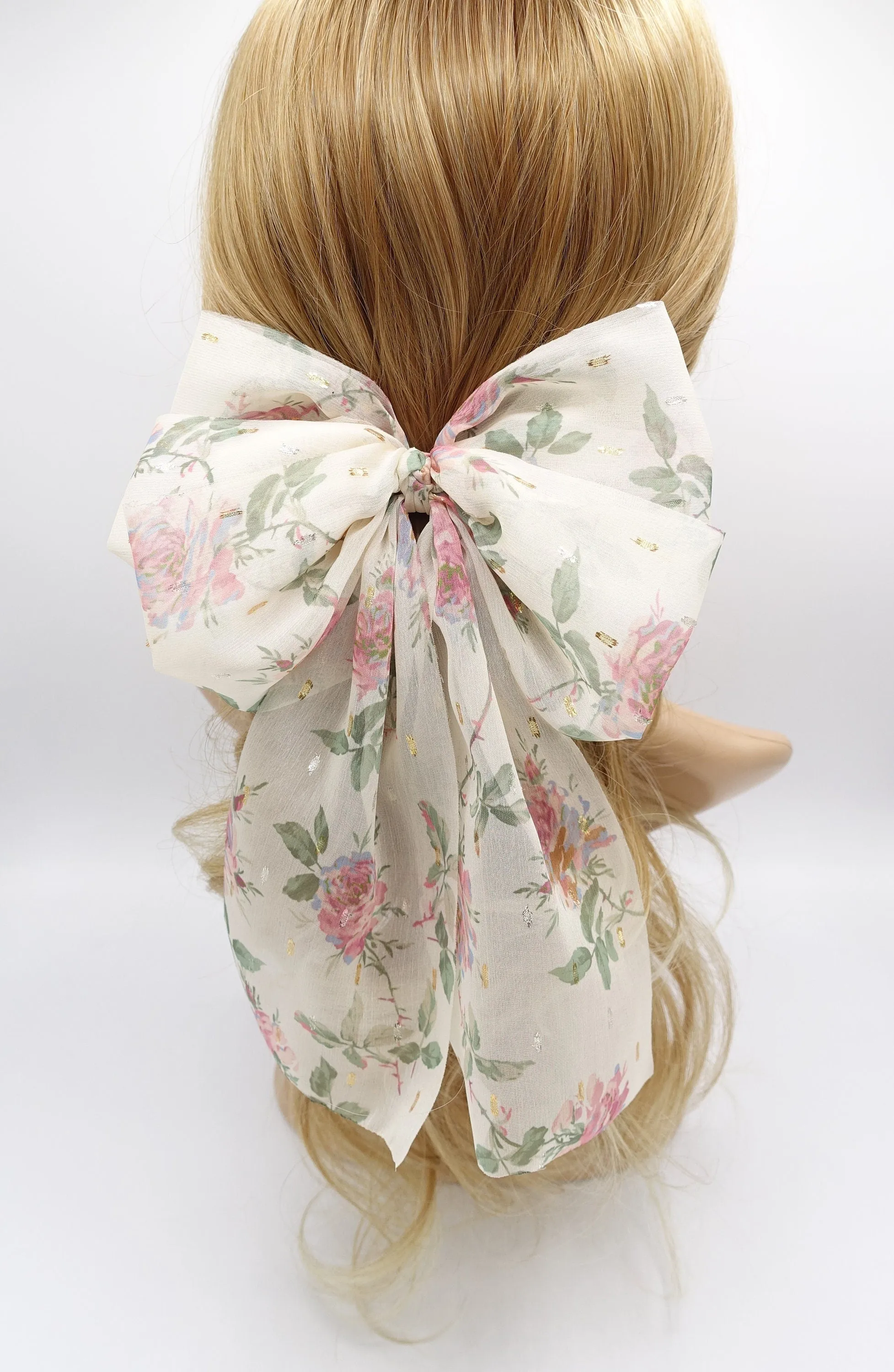 chiffon floral hair bow, chiffon tail hair bow for women