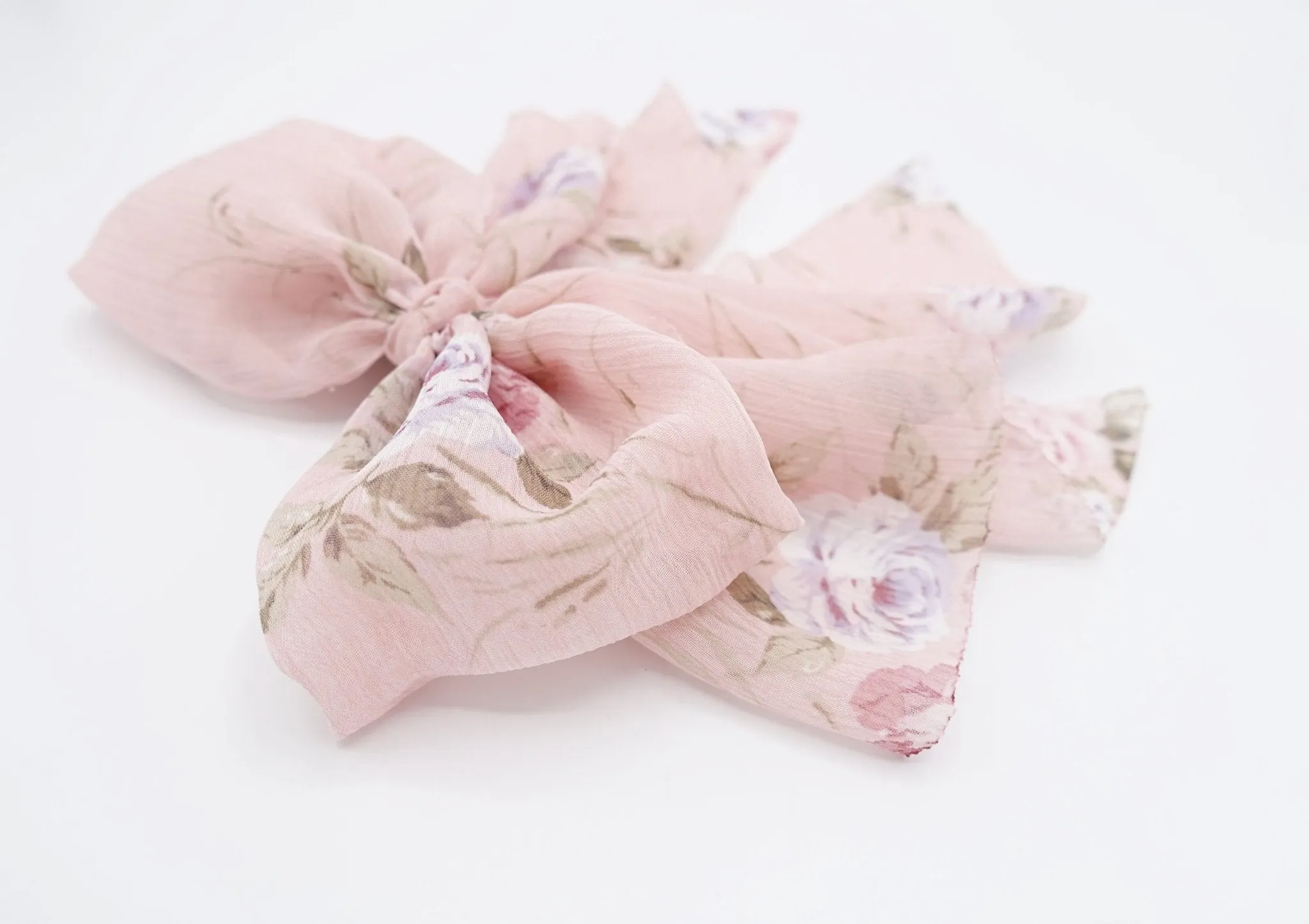 chiffon flower print bow droopy floral  layered style bow hair accessory for women