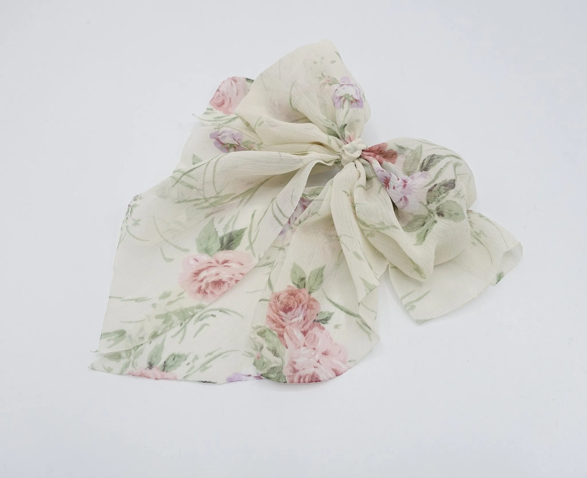 chiffon flower print bow droopy floral  layered style bow hair accessory for women