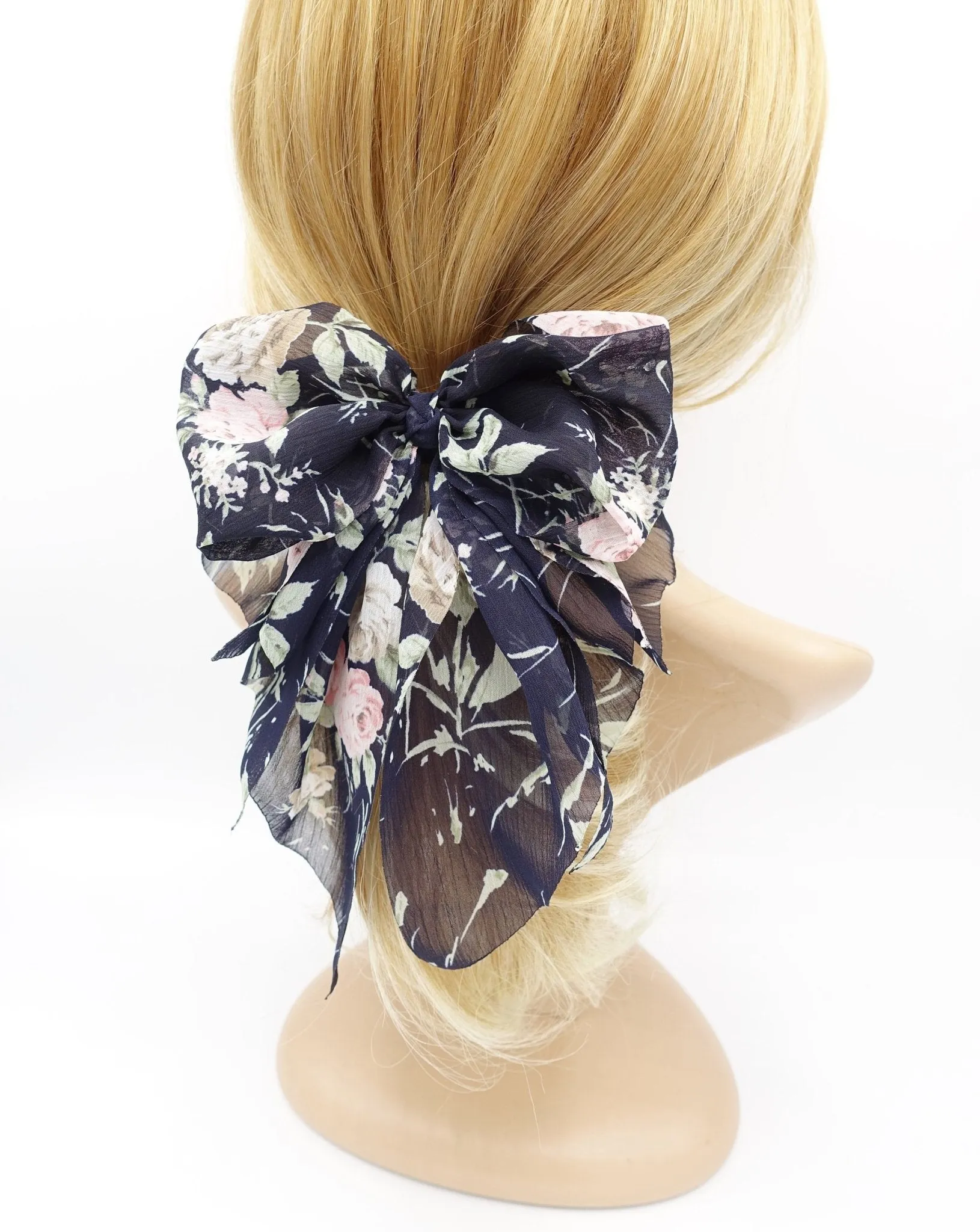 chiffon flower print bow droopy floral  layered style bow hair accessory for women