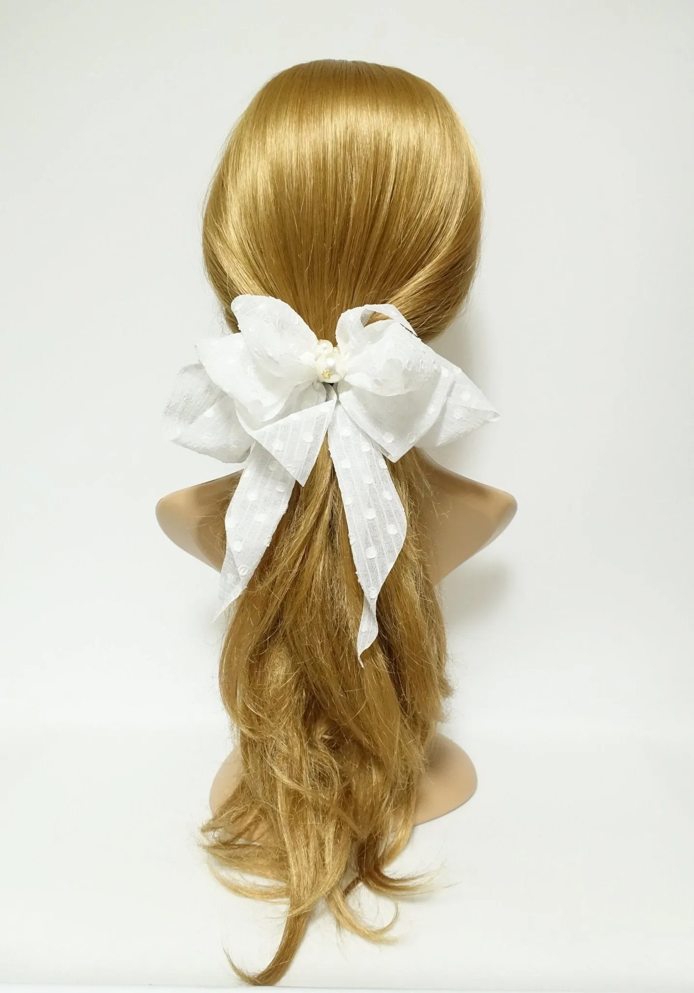 chiffon vertical stripe dot pattern hair bow with long tail french barrette women hair accessory