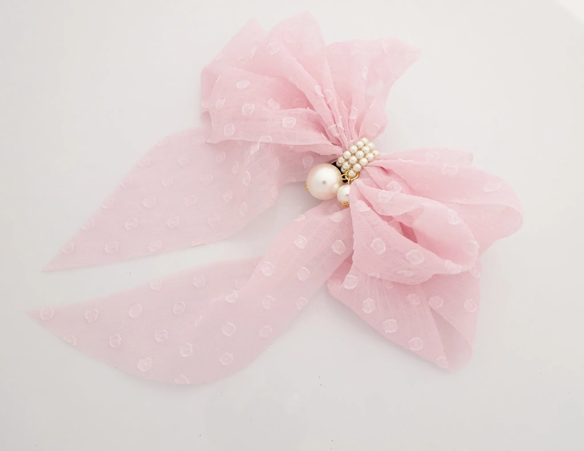 chiffon vertical stripe dot pattern hair bow with long tail french barrette women hair accessory