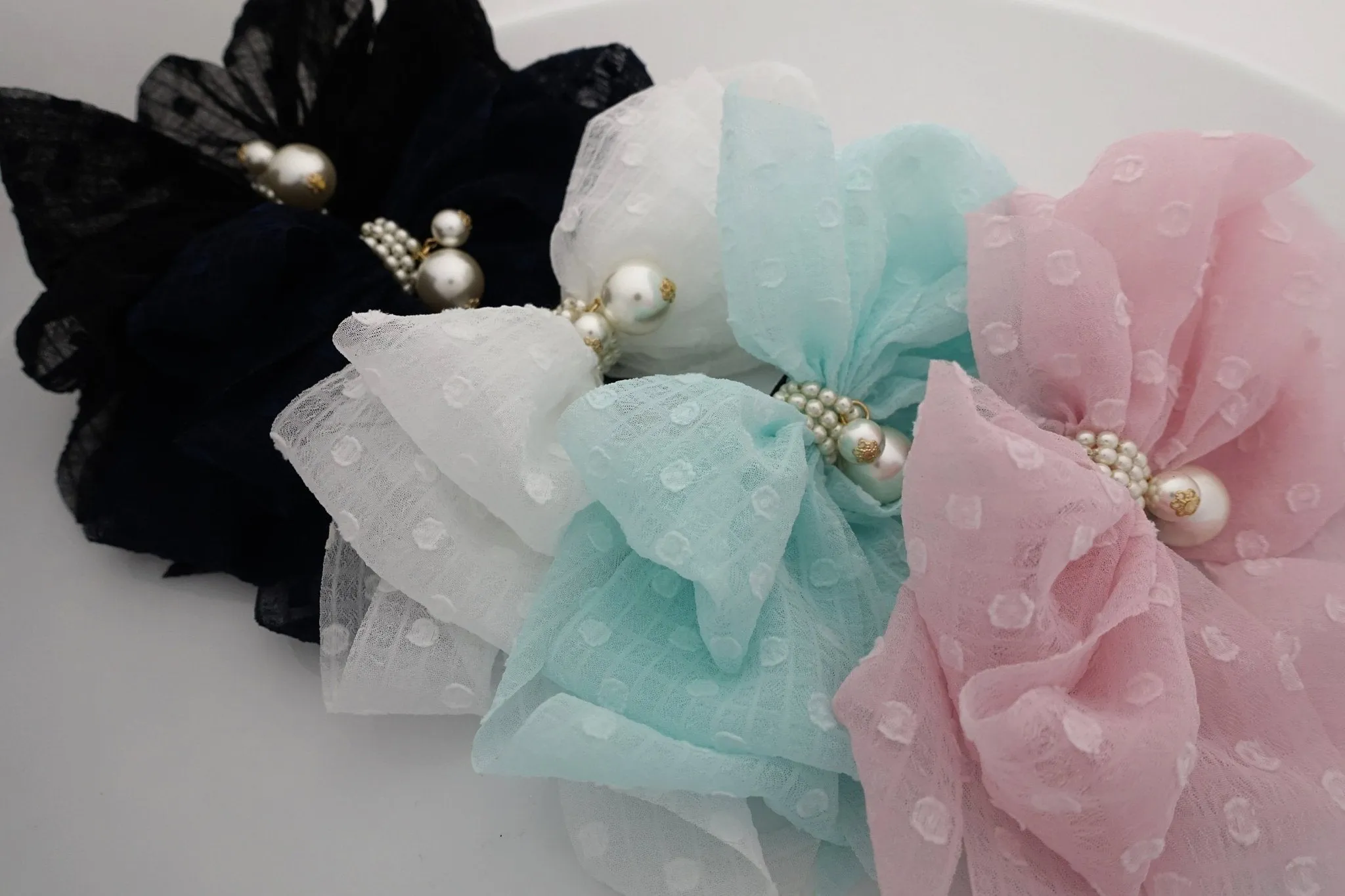 chiffon vertical stripe dot pattern hair bow with long tail french barrette women hair accessory