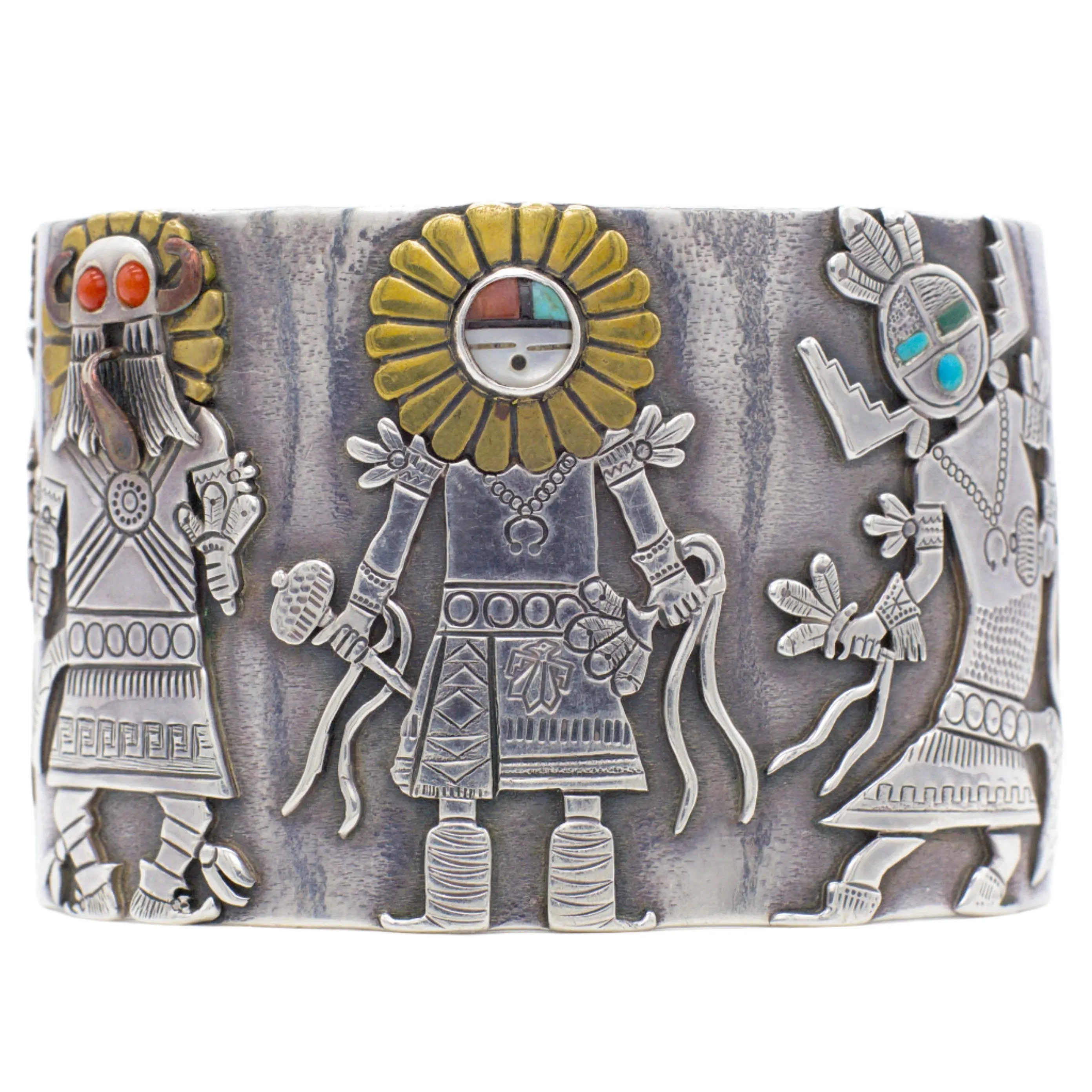 Clarence & Russell Lee Navajo Handmade Sterling Silver MOP Turquoise and Coral Cuff Bracelet