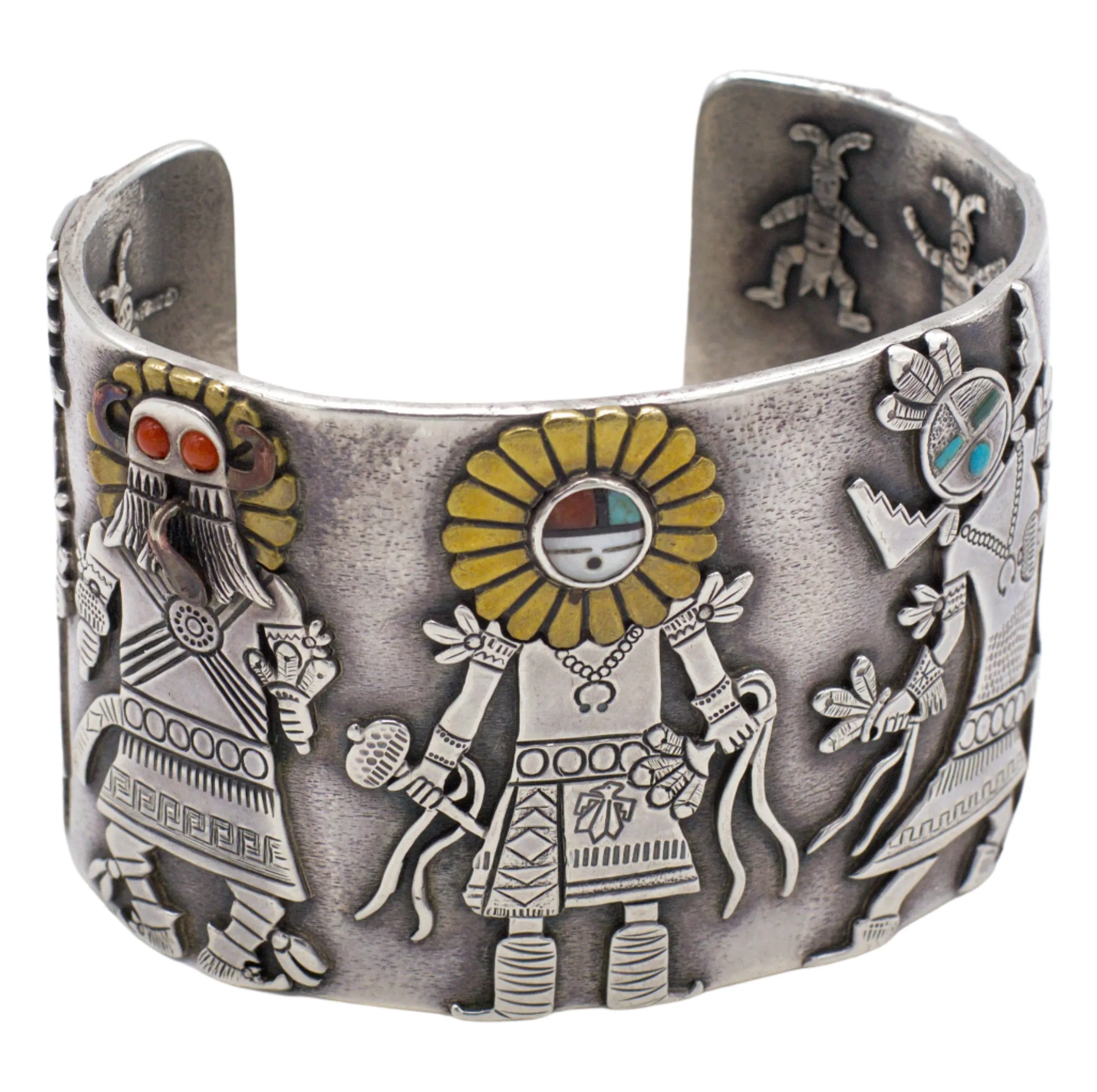 Clarence & Russell Lee Navajo Handmade Sterling Silver MOP Turquoise and Coral Cuff Bracelet