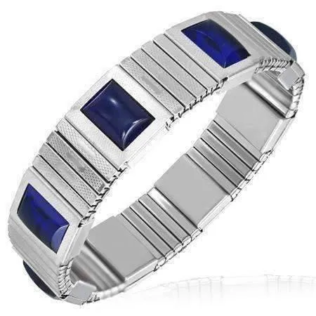 Cobalt Blue Cabochon Japanese Magnetic Therapy Stainless Steel Stretch Link Bracelet