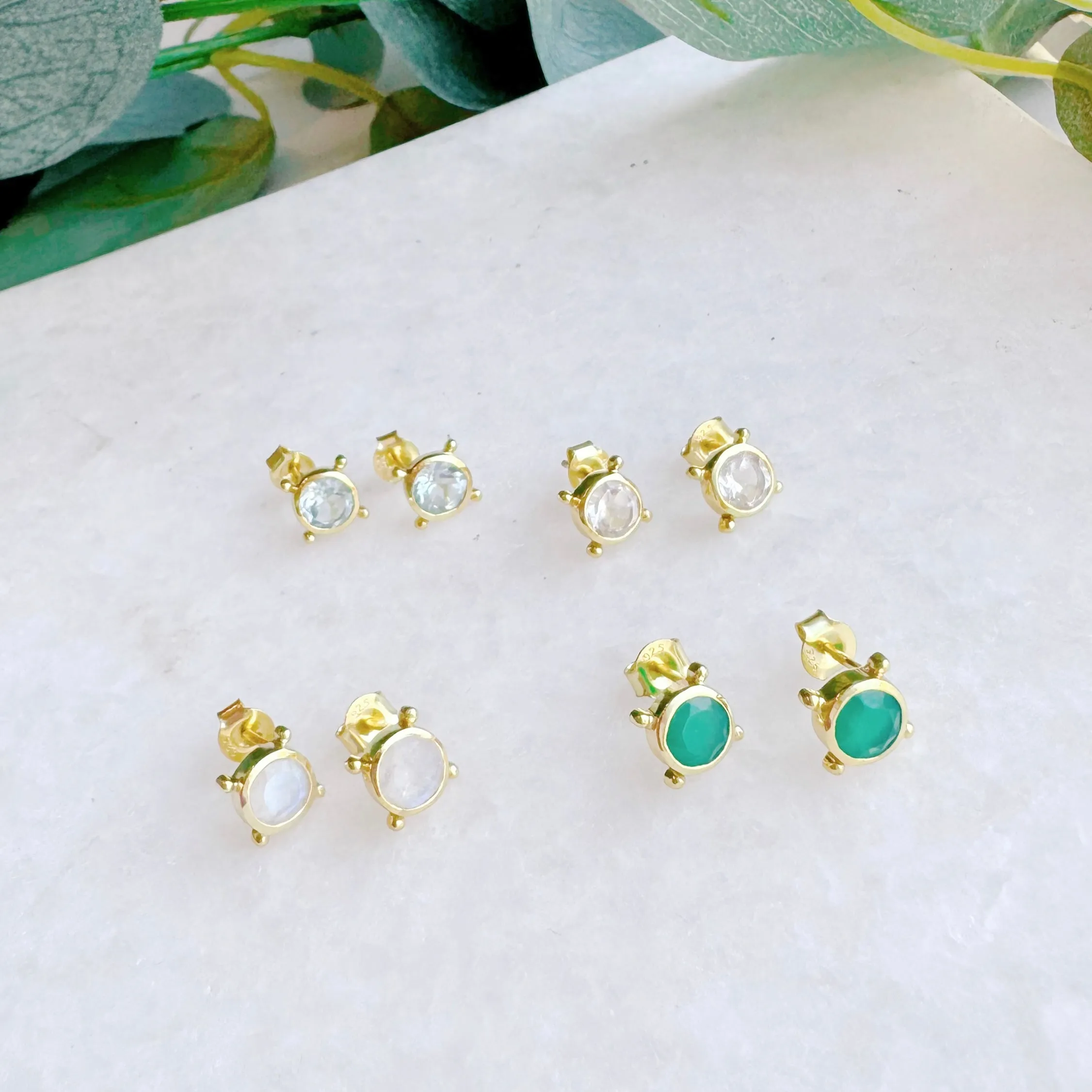 Compass Stud Earrings: Gold Vermeil Blue topaz