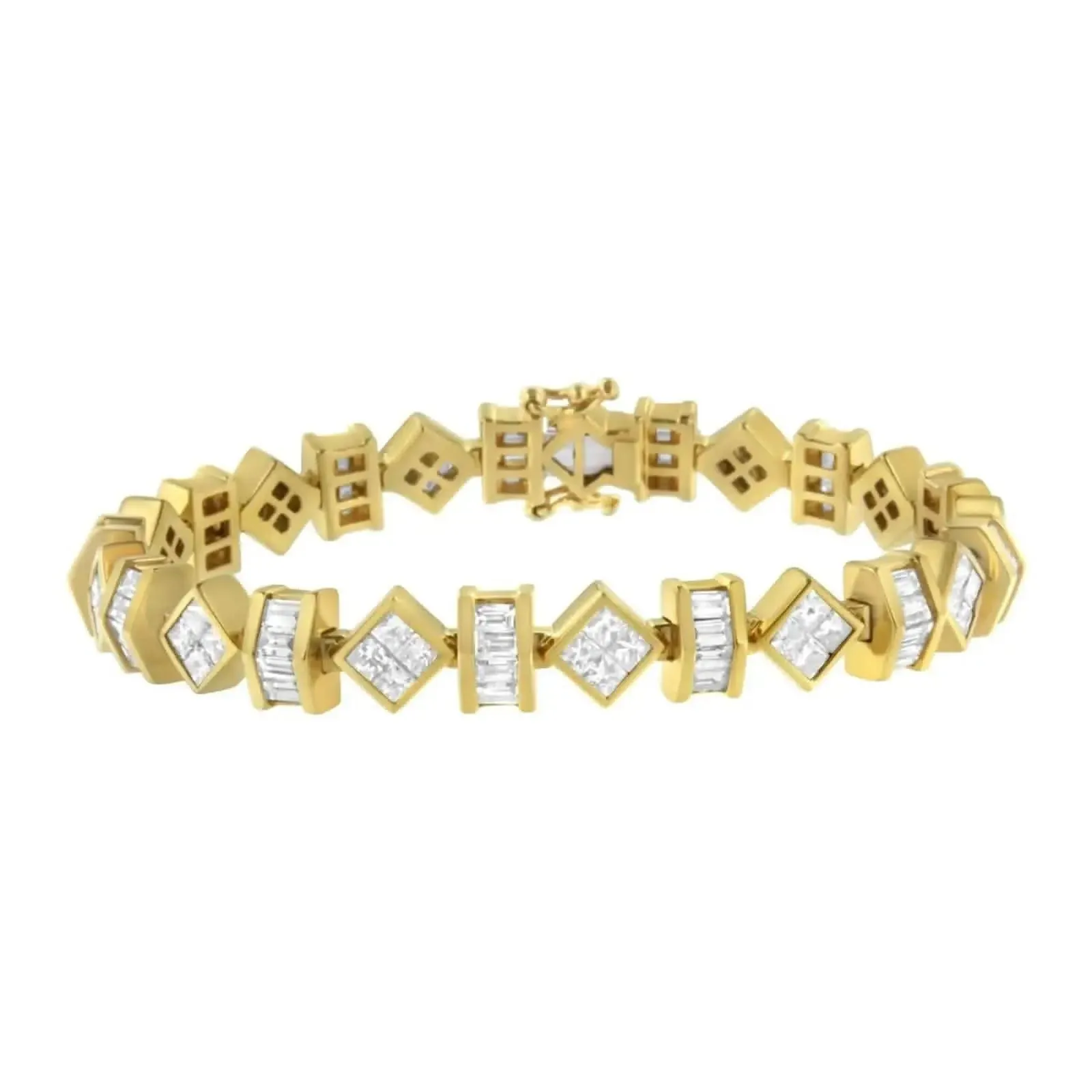 Contemporary 14K Yellow Gold Diamond Link Tennis Bracelet with Elegant Princess and Baguette Cuts