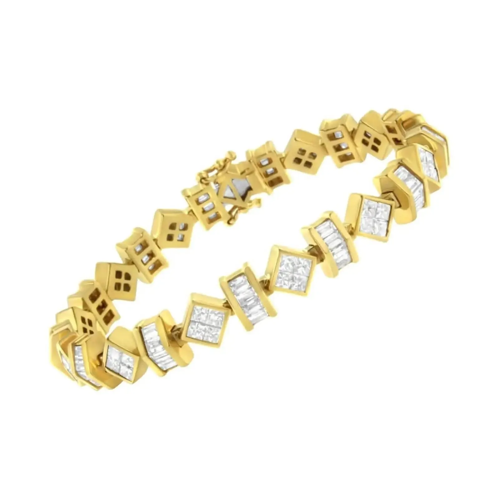 Contemporary 14K Yellow Gold Diamond Link Tennis Bracelet with Elegant Princess and Baguette Cuts