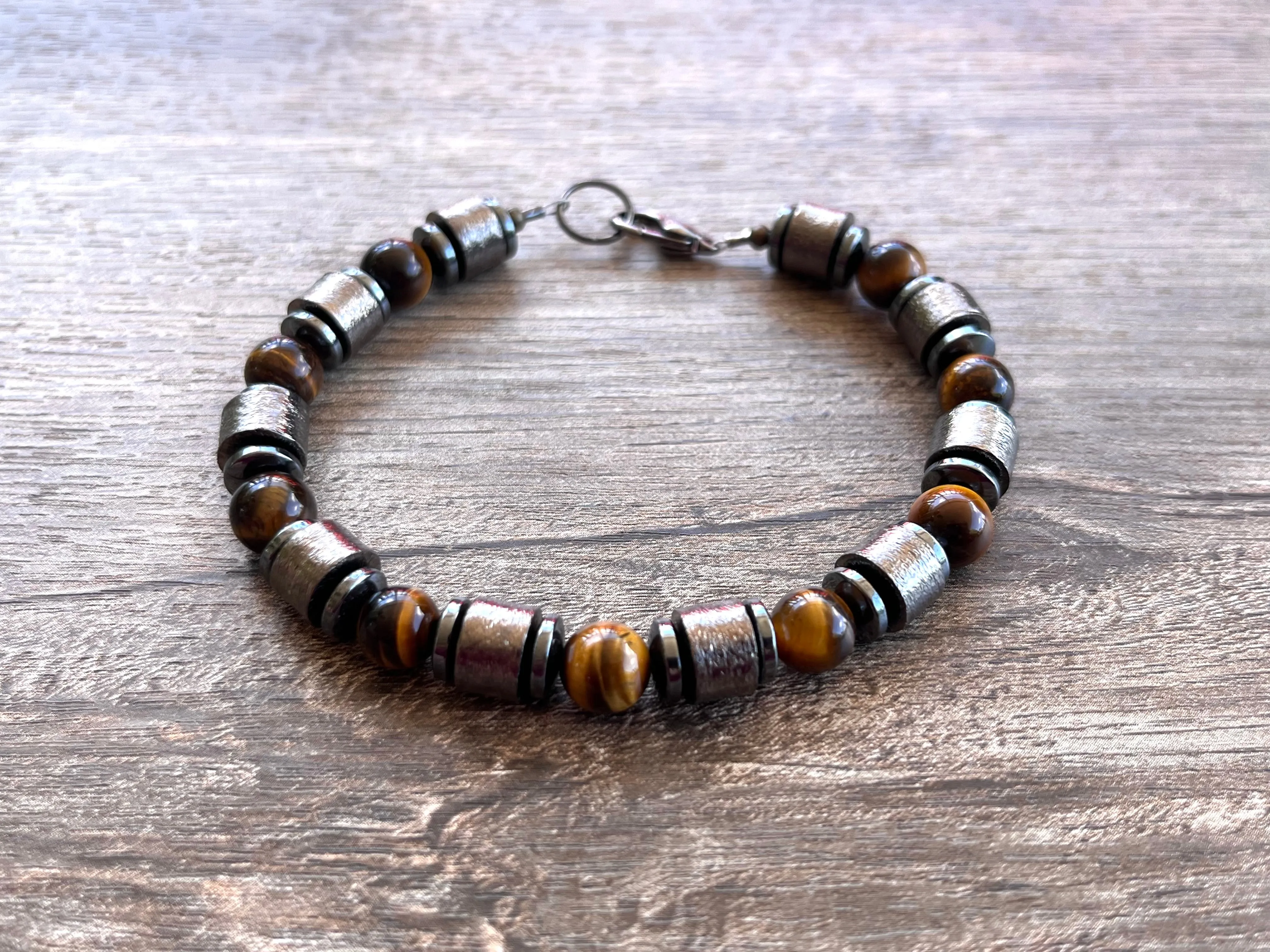 Copper Tigers Eye Gemstone Metal Beaded Mens Bracelet - Julian