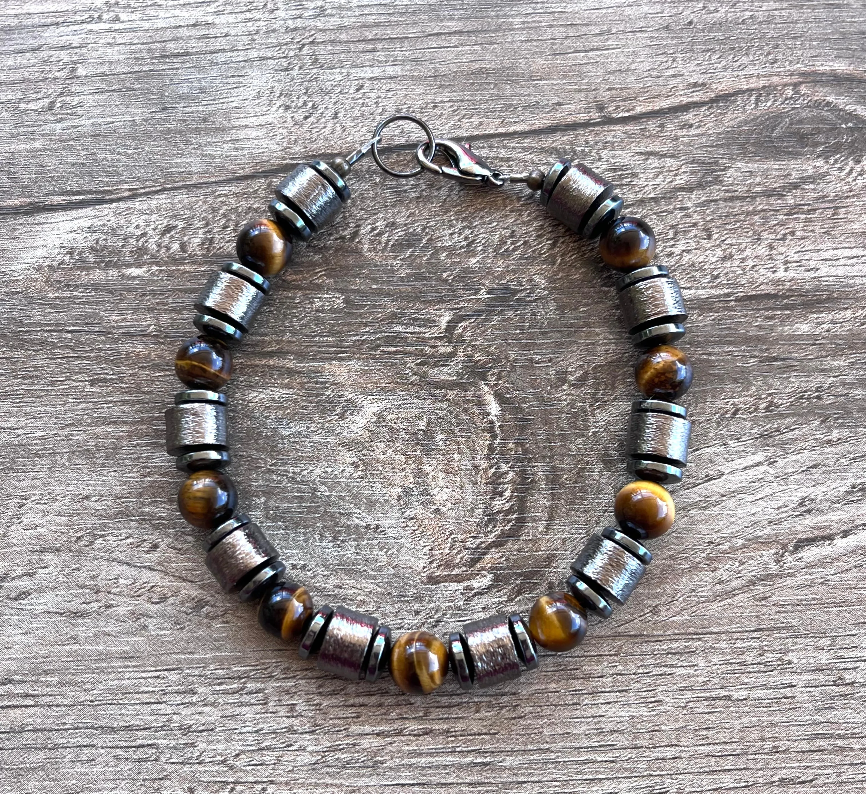 Copper Tigers Eye Gemstone Metal Beaded Mens Bracelet - Julian