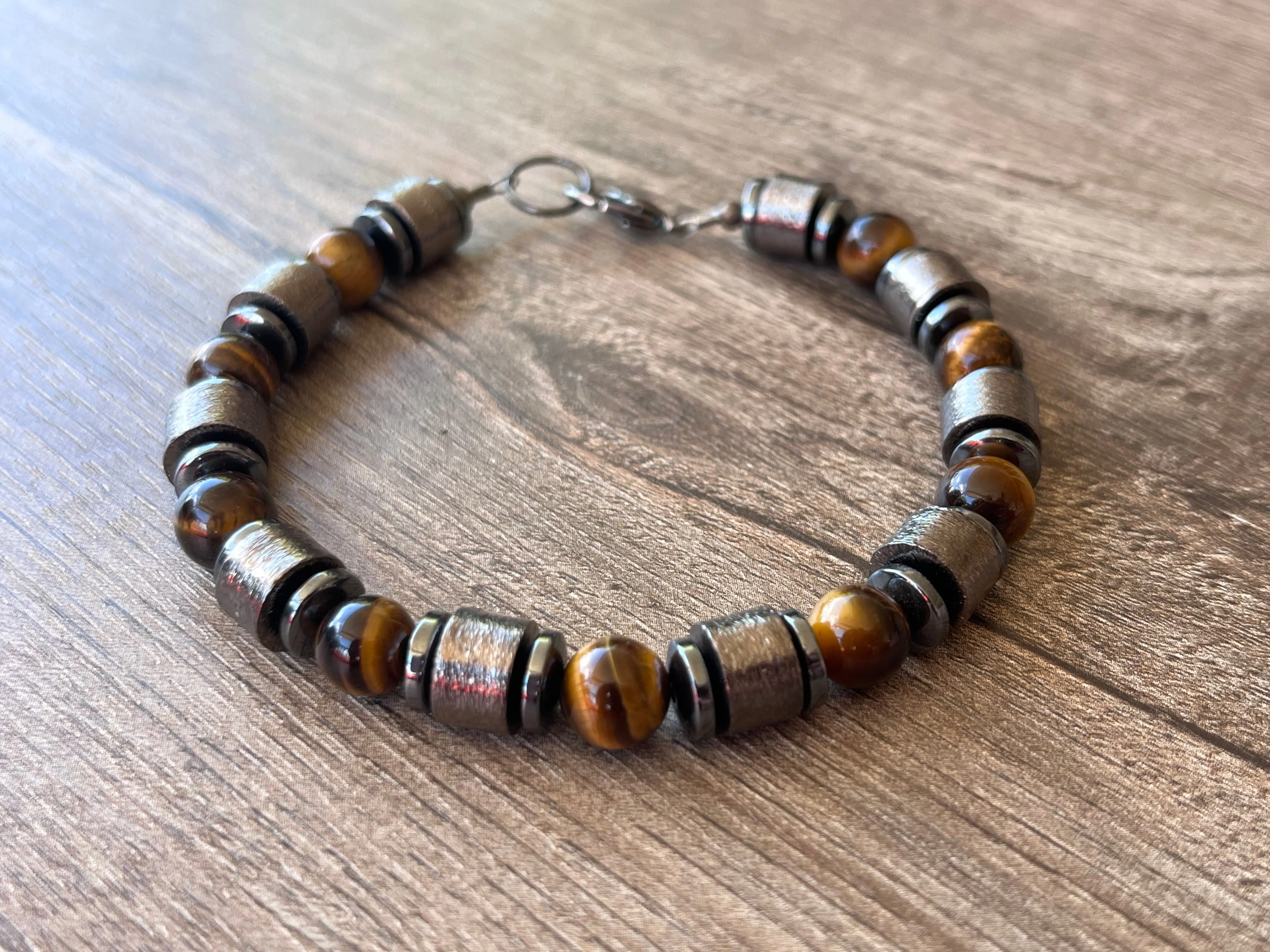 Copper Tigers Eye Gemstone Metal Beaded Mens Bracelet - Julian