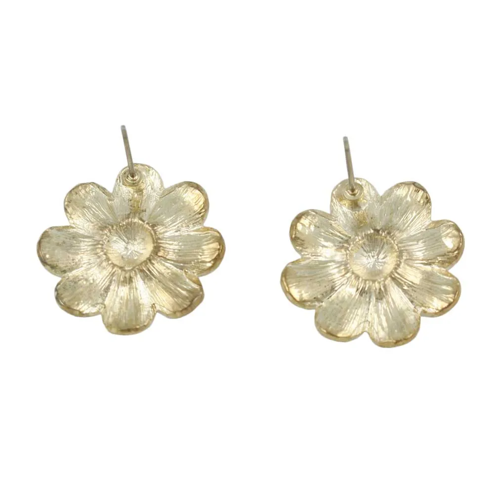 Cream Flower with Light Brown Crystals Pierced Earring - REE124