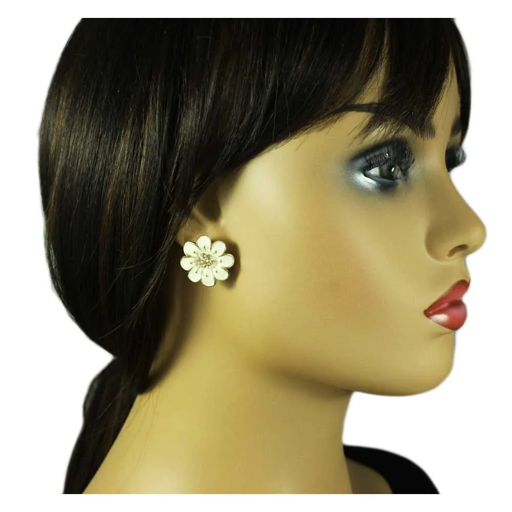 Cream Flower with Light Brown Crystals Pierced Earring - REE124