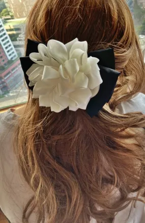 cream white flower black bow french barrette women hair accessory