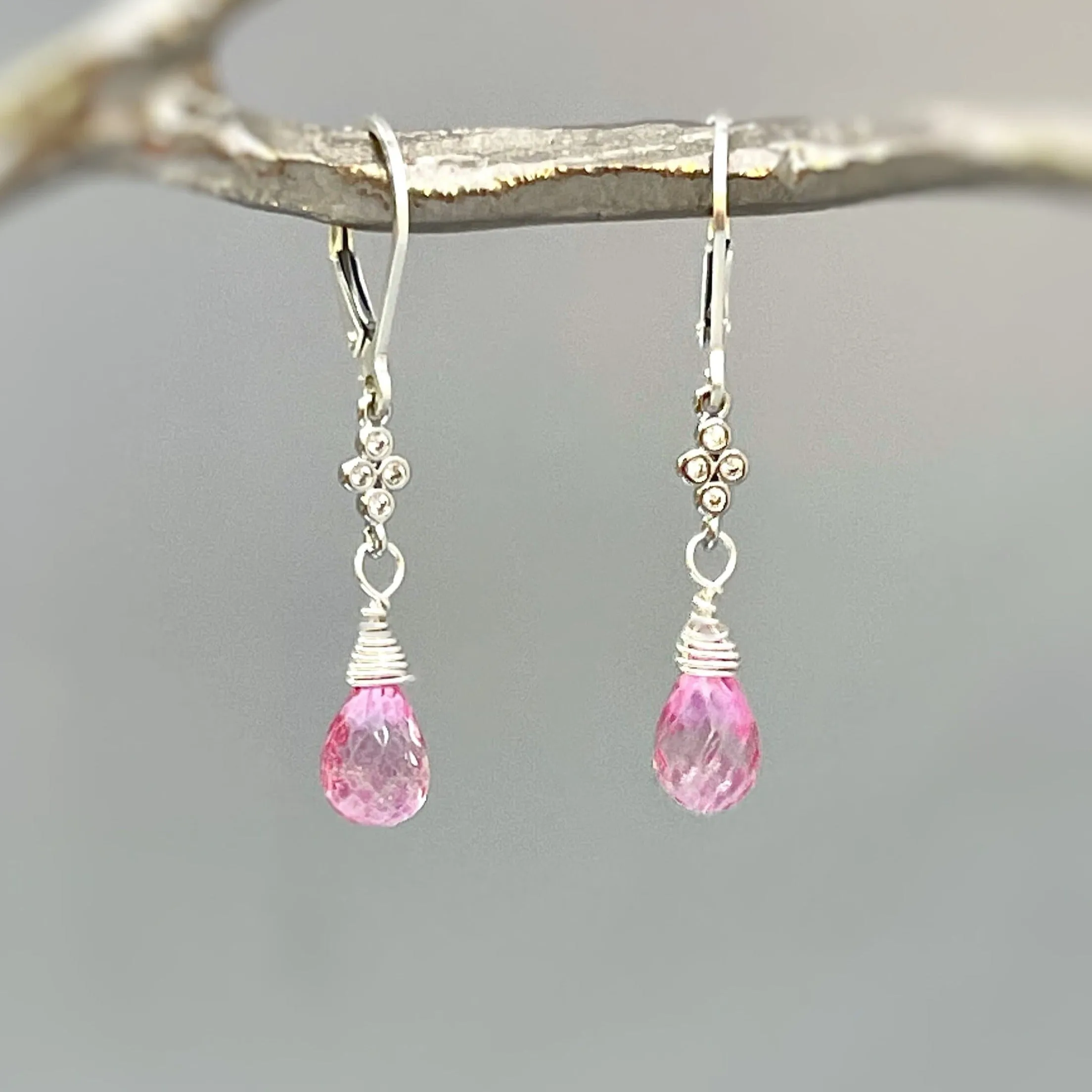 Crystal and Pink Topaz earrings dangle, Sterling Silver