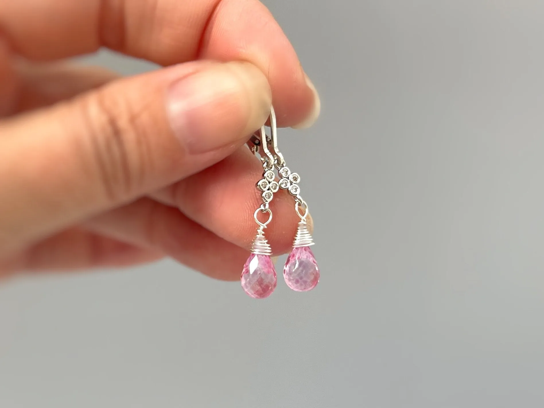 Crystal and Pink Topaz earrings dangle, Sterling Silver