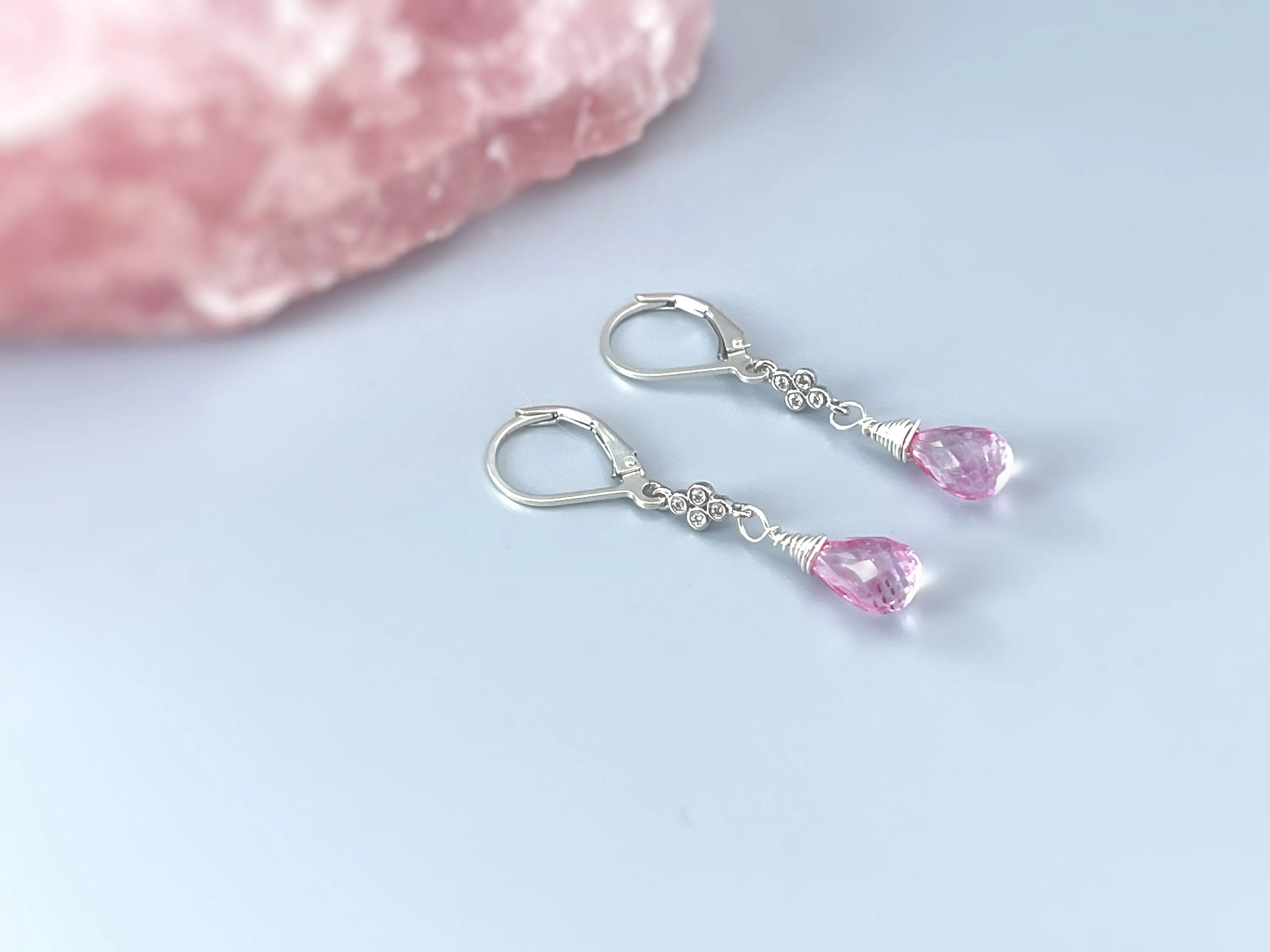 Crystal and Pink Topaz earrings dangle, Sterling Silver