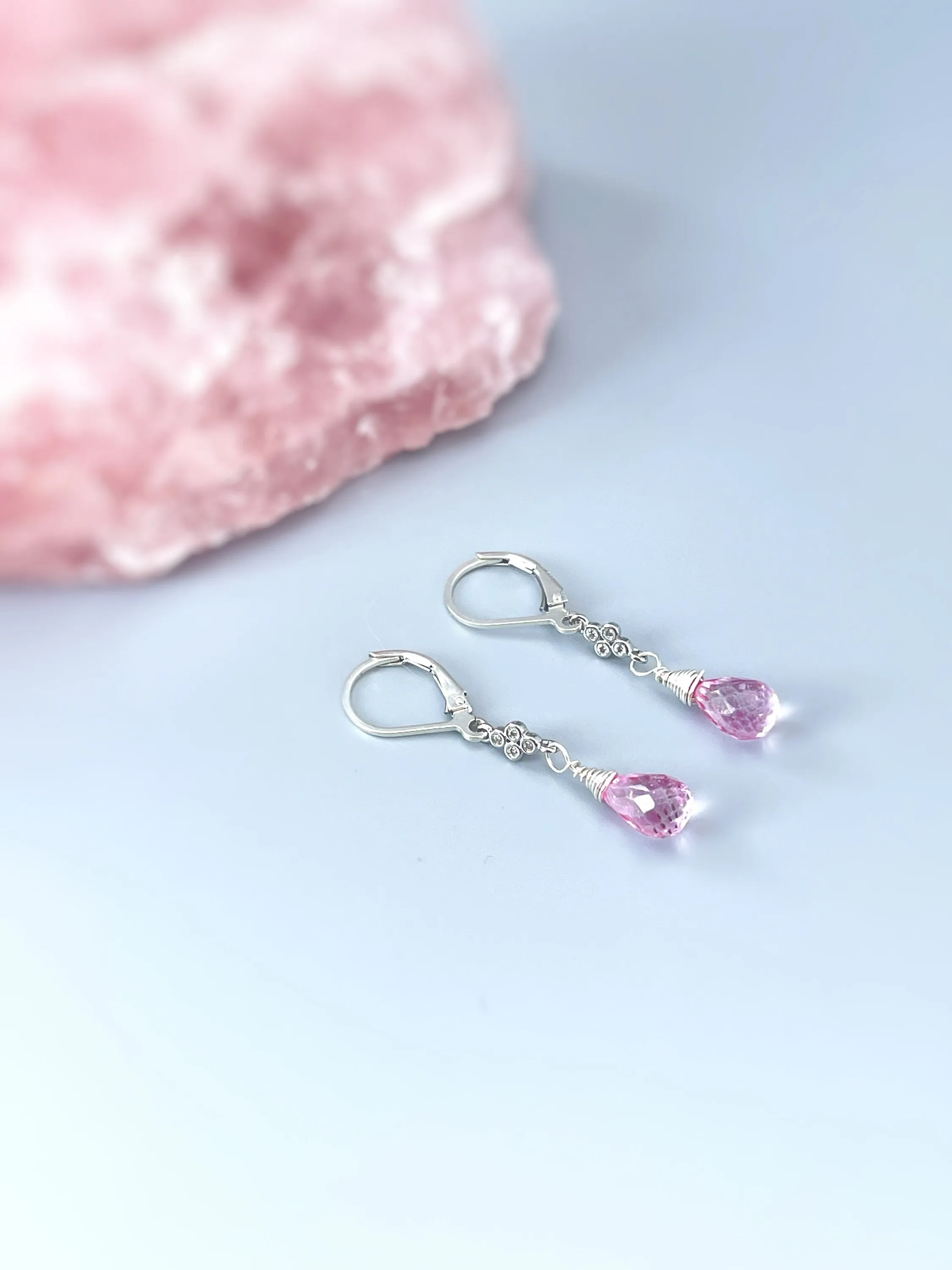 Crystal and Pink Topaz earrings dangle, Sterling Silver