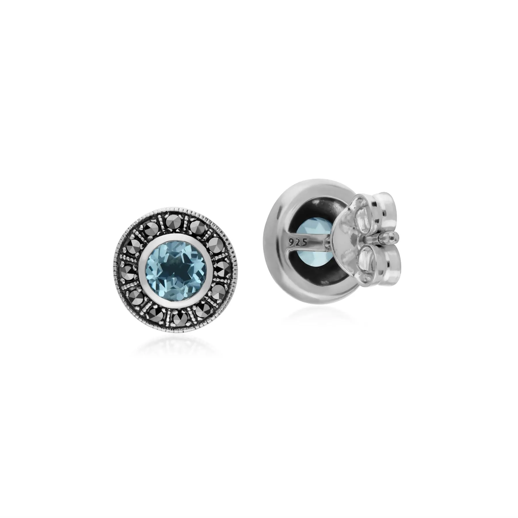 Damen Sterling Silber Runde Blau Topas und Markasit Cluster Ohrstecker