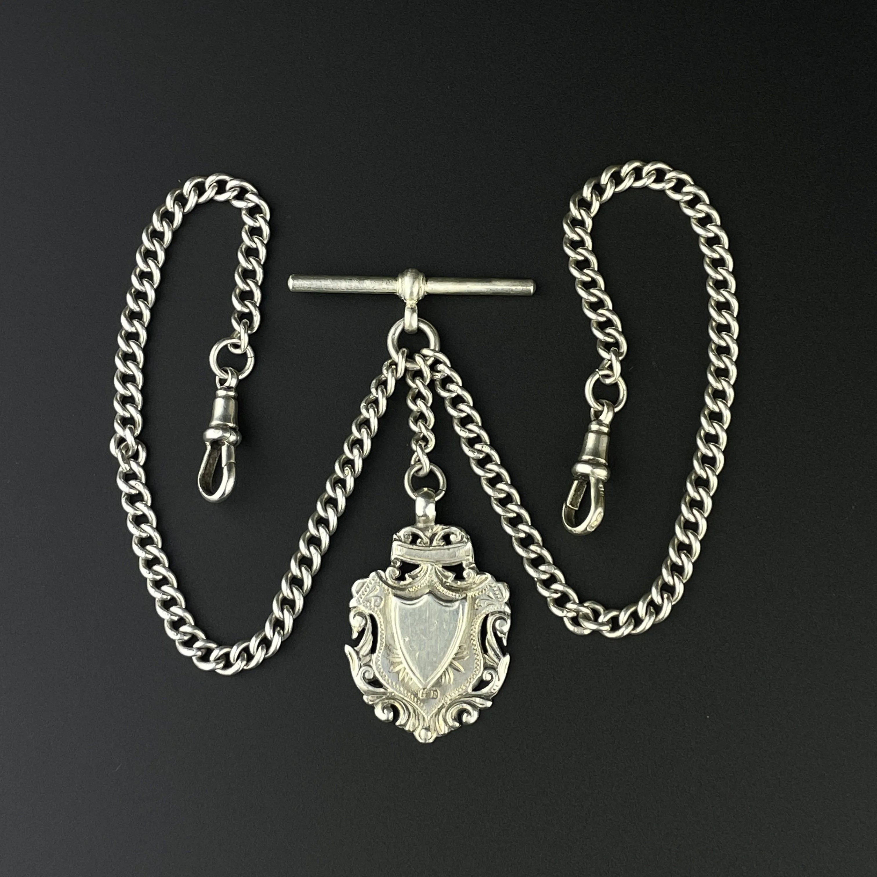 Edwardian Silver Shield Double Albert Pocket Watch Chain