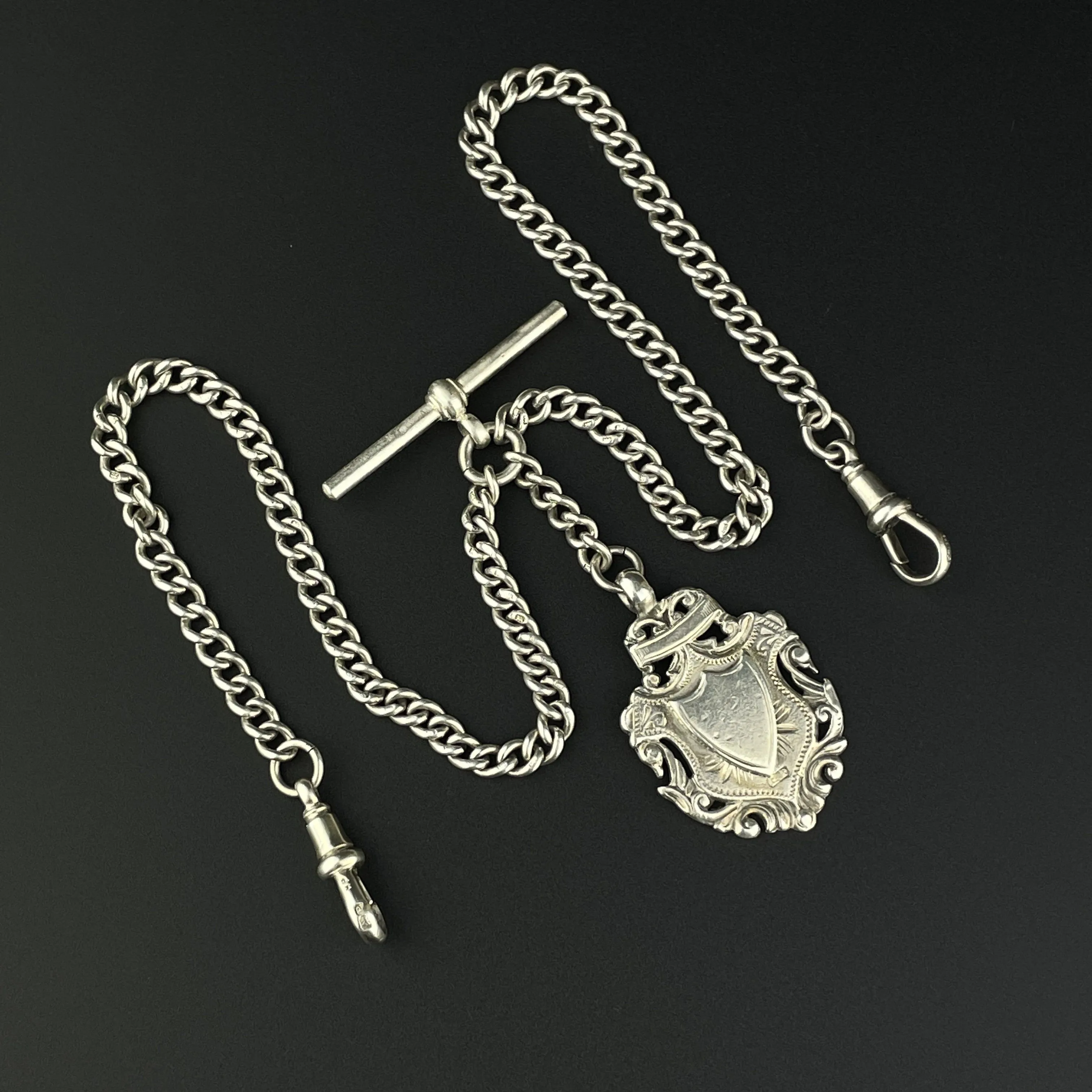 Edwardian Silver Shield Double Albert Pocket Watch Chain