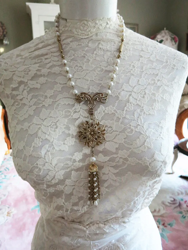 Elegant Pearl Necklace With Vintage Watch Fob