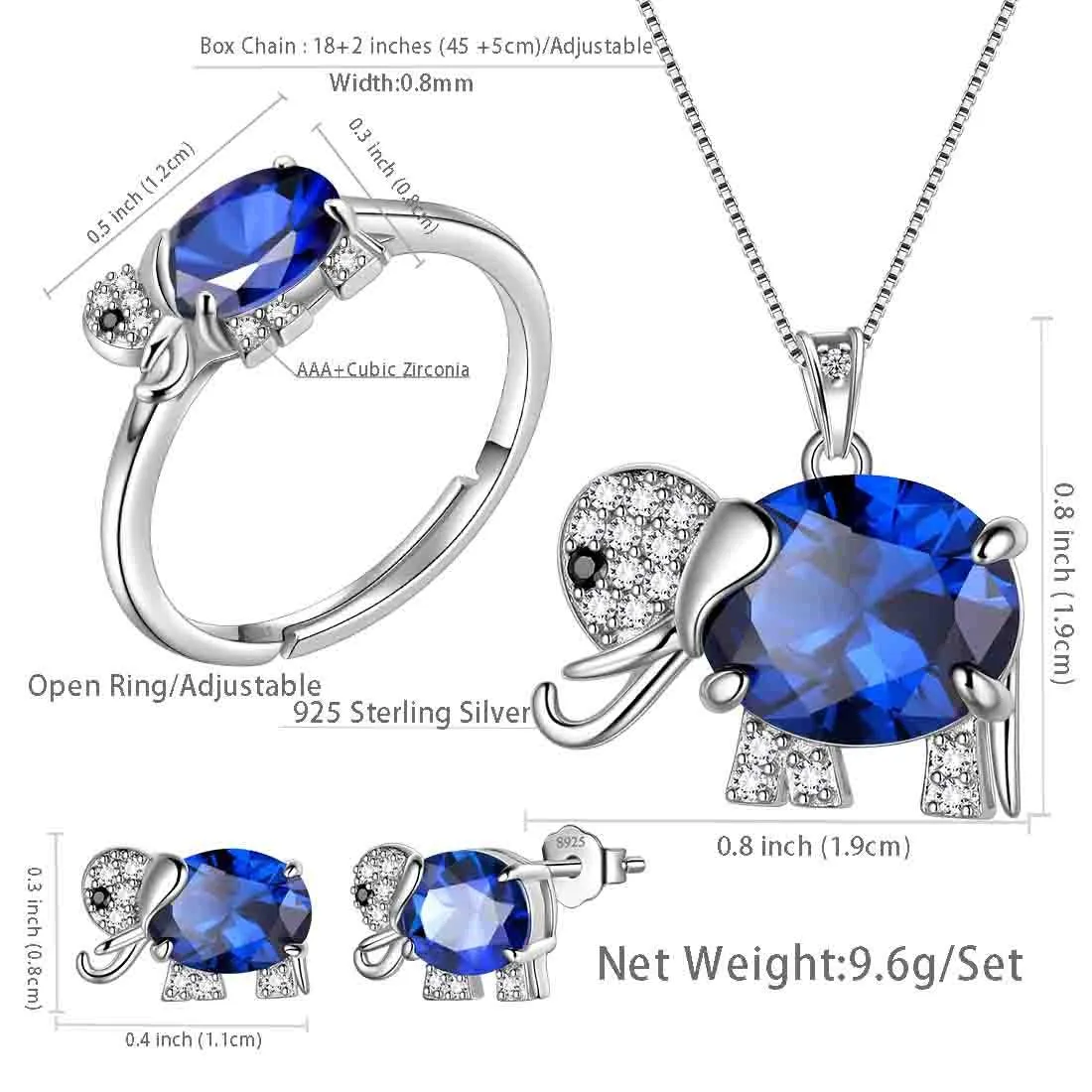 Elephant Birthstone September Sapphire Jewelry Set 4PCS Women Girls Birthday Gift