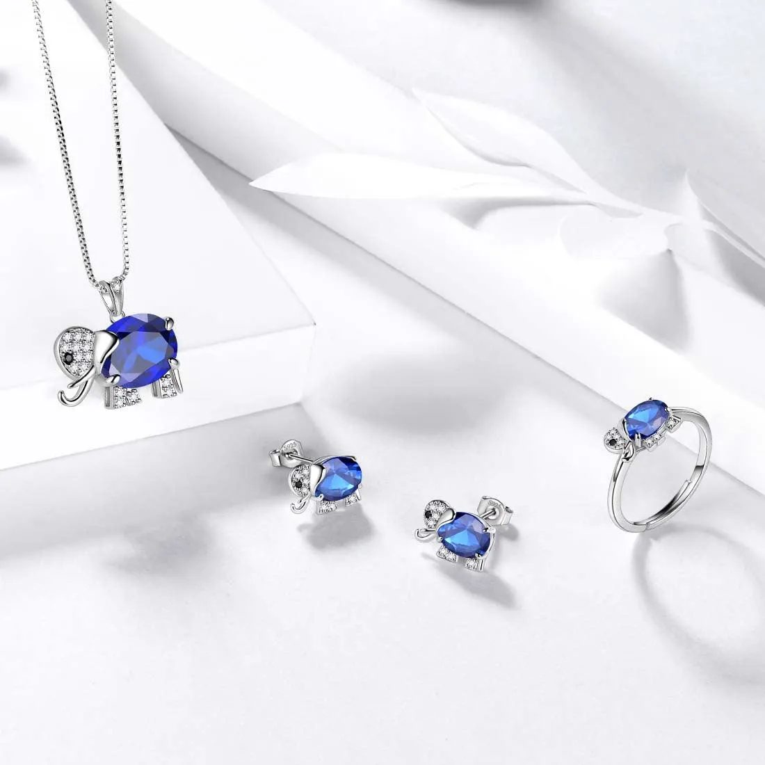 Elephant Birthstone September Sapphire Jewelry Set 4PCS Women Girls Birthday Gift