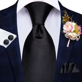 Essential Black Solid Tie Handkerchief Cufflinks Set with Wedding Brooch