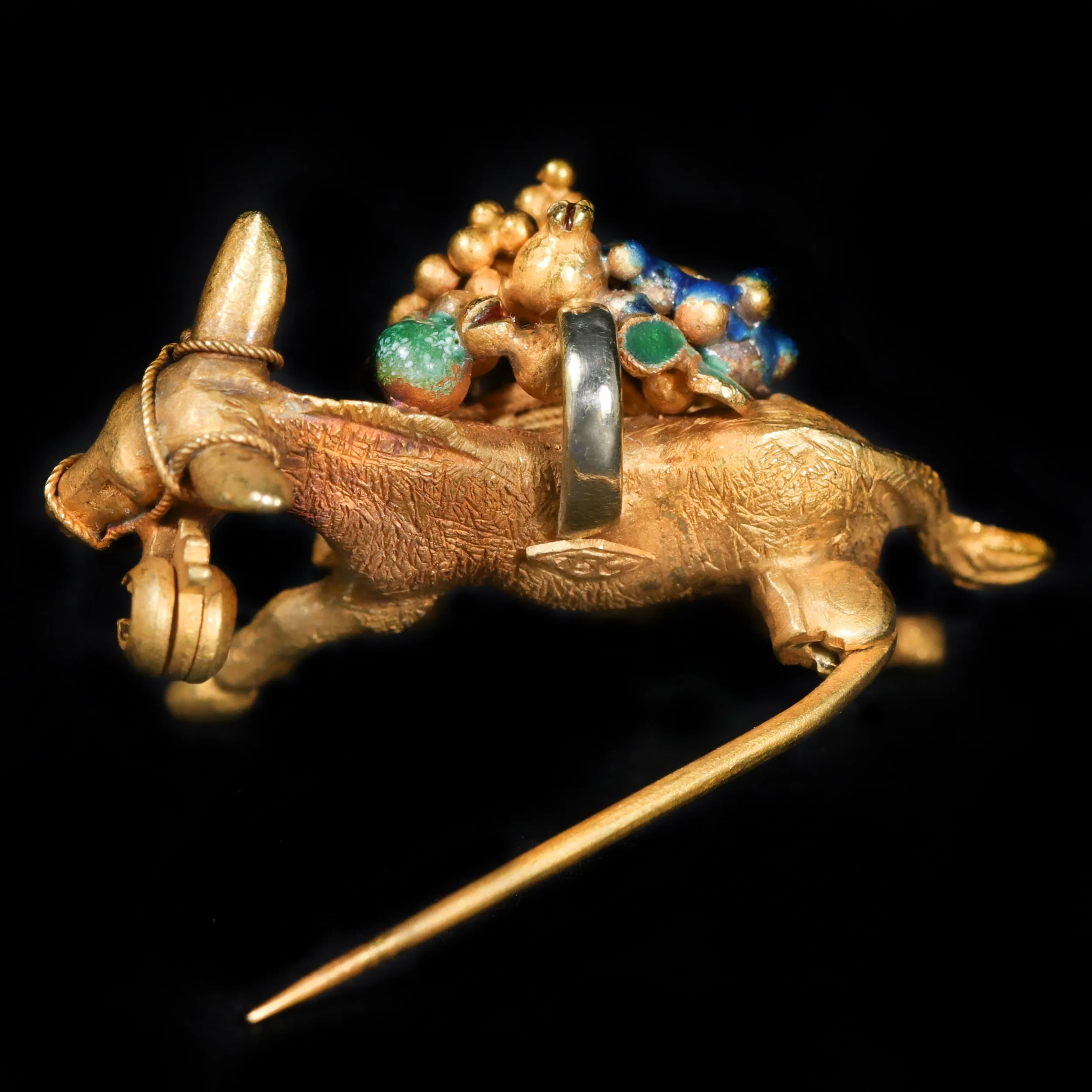 Estate 18K Yellow Gold Donkey and Enamel Flower Brooch