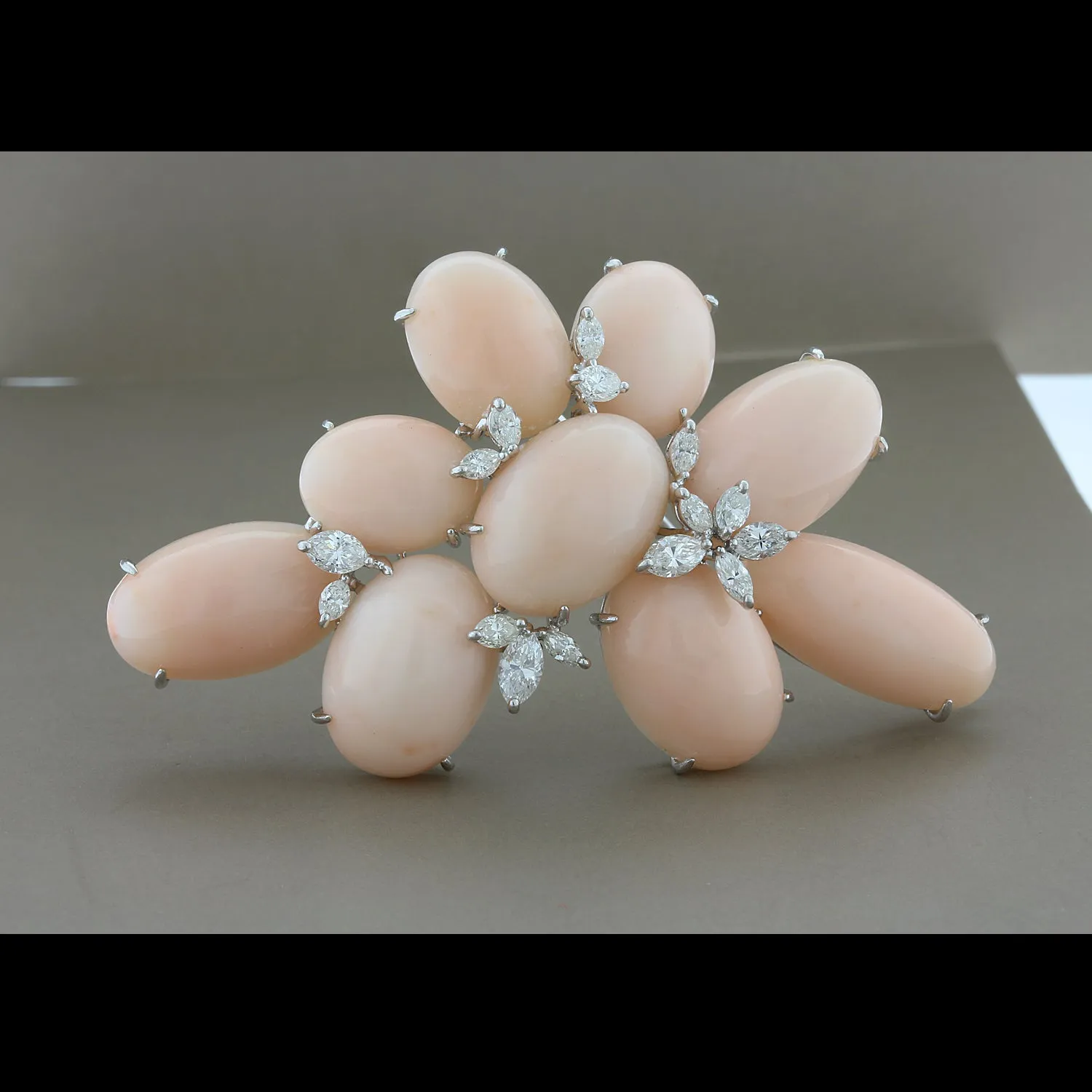 Estate Coral Diamond Platinum Brooch