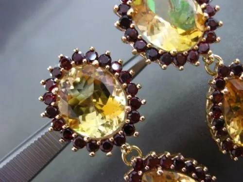 ESTATE EXTRA LARGE 21.80CT YELLOW TOPAZ & GARNET 18KT YELLOW GOLD HALO EARRINGS