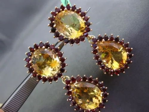 ESTATE EXTRA LARGE 21.80CT YELLOW TOPAZ & GARNET 18KT YELLOW GOLD HALO EARRINGS