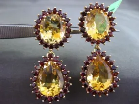 ESTATE EXTRA LARGE 21.80CT YELLOW TOPAZ & GARNET 18KT YELLOW GOLD HALO EARRINGS