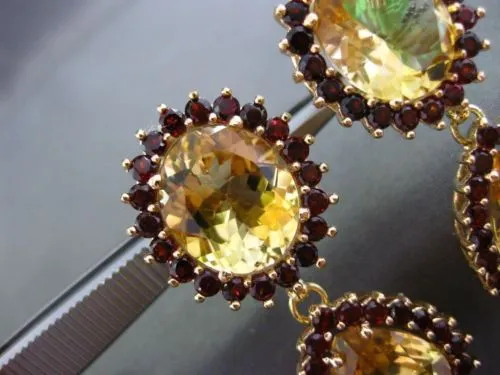 ESTATE EXTRA LARGE 21.80CT YELLOW TOPAZ & GARNET 18KT YELLOW GOLD HALO EARRINGS