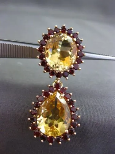 ESTATE EXTRA LARGE 21.80CT YELLOW TOPAZ & GARNET 18KT YELLOW GOLD HALO EARRINGS