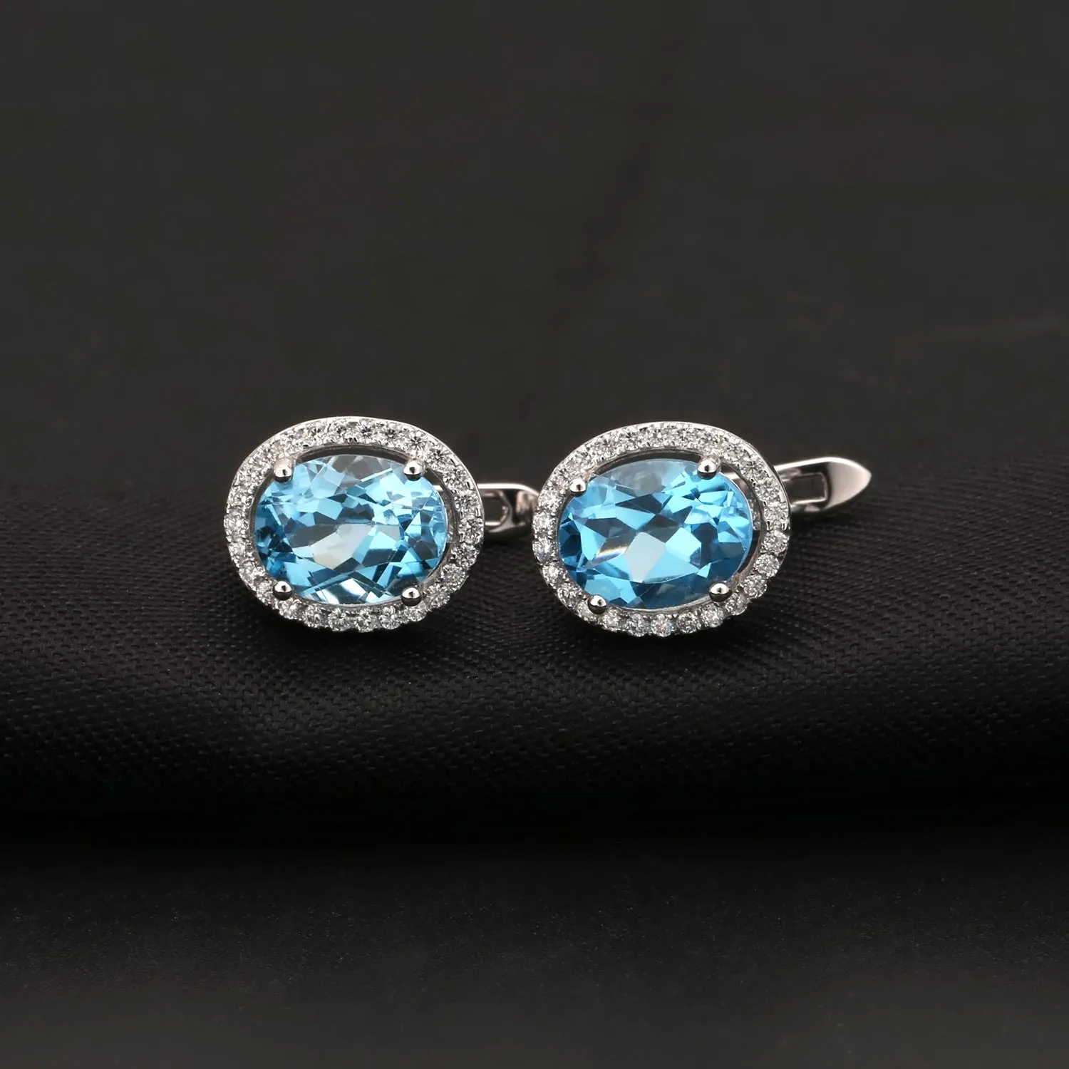 European Vintage Style Inlaid Natural Topaz Soleste Halo Oval Shape Silver Studs Earrings for Women