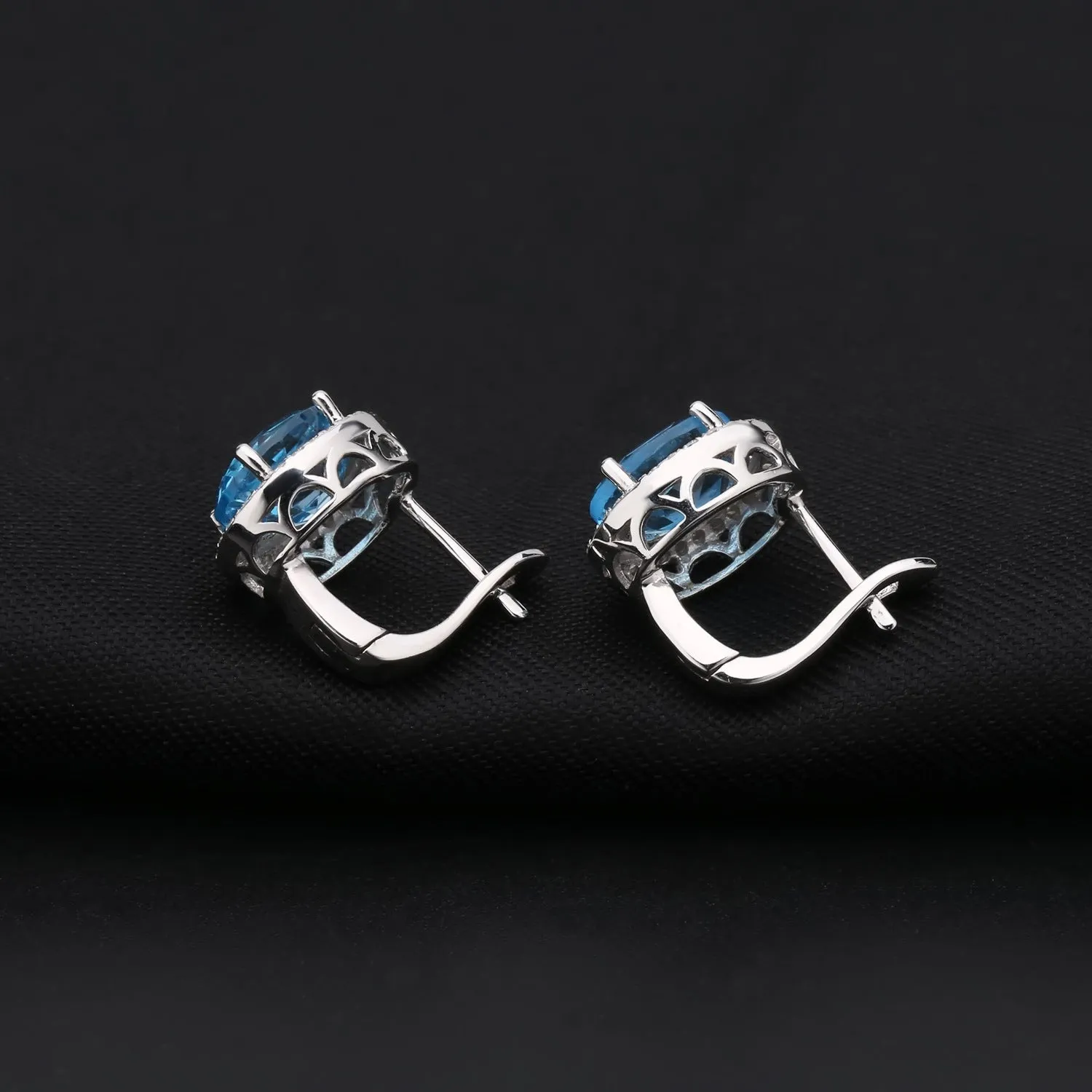 European Vintage Style Inlaid Natural Topaz Soleste Halo Oval Shape Silver Studs Earrings for Women