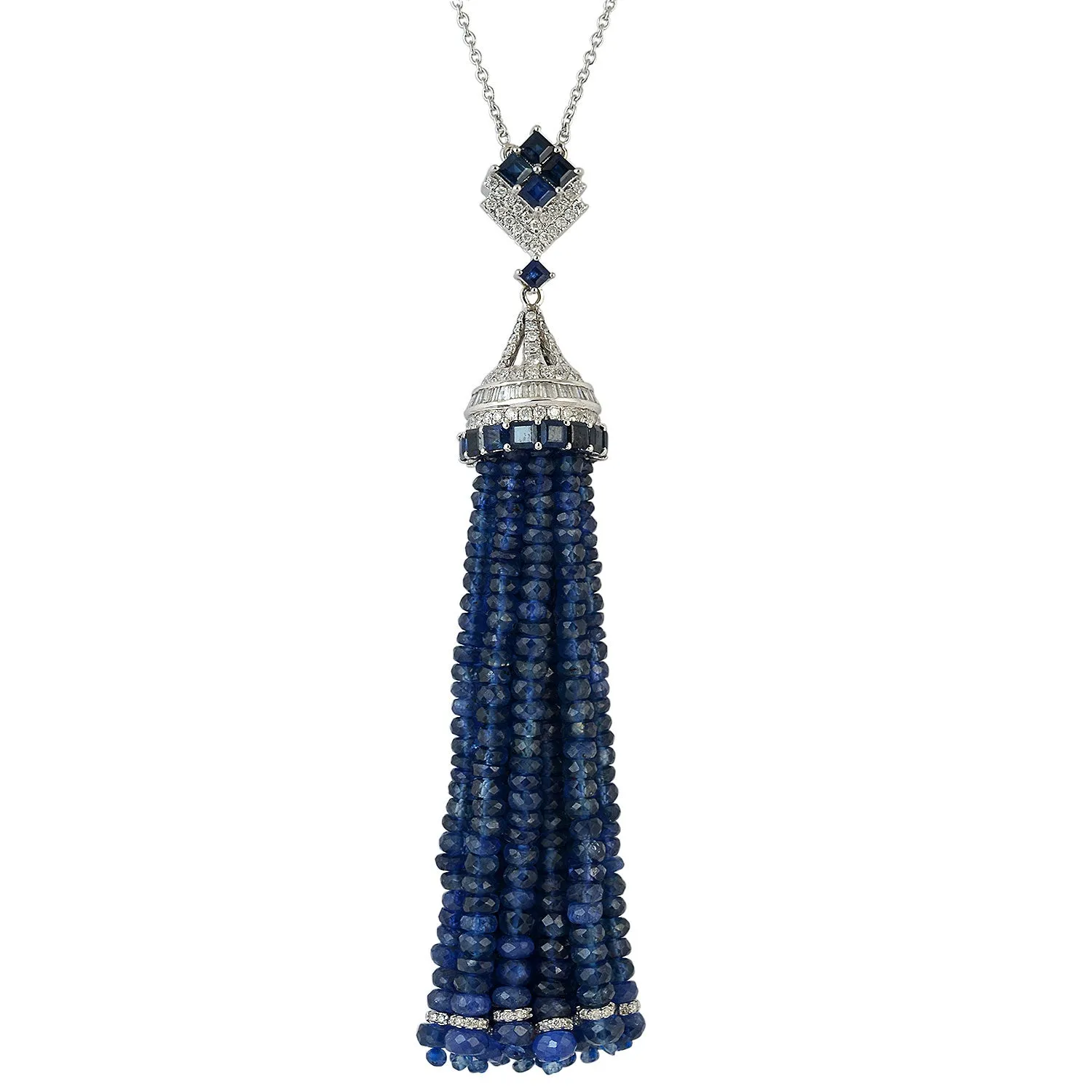 Faceted Beaded Blue Sapphire Baguette Diamond Tassel Matinee Necklace In White Gold