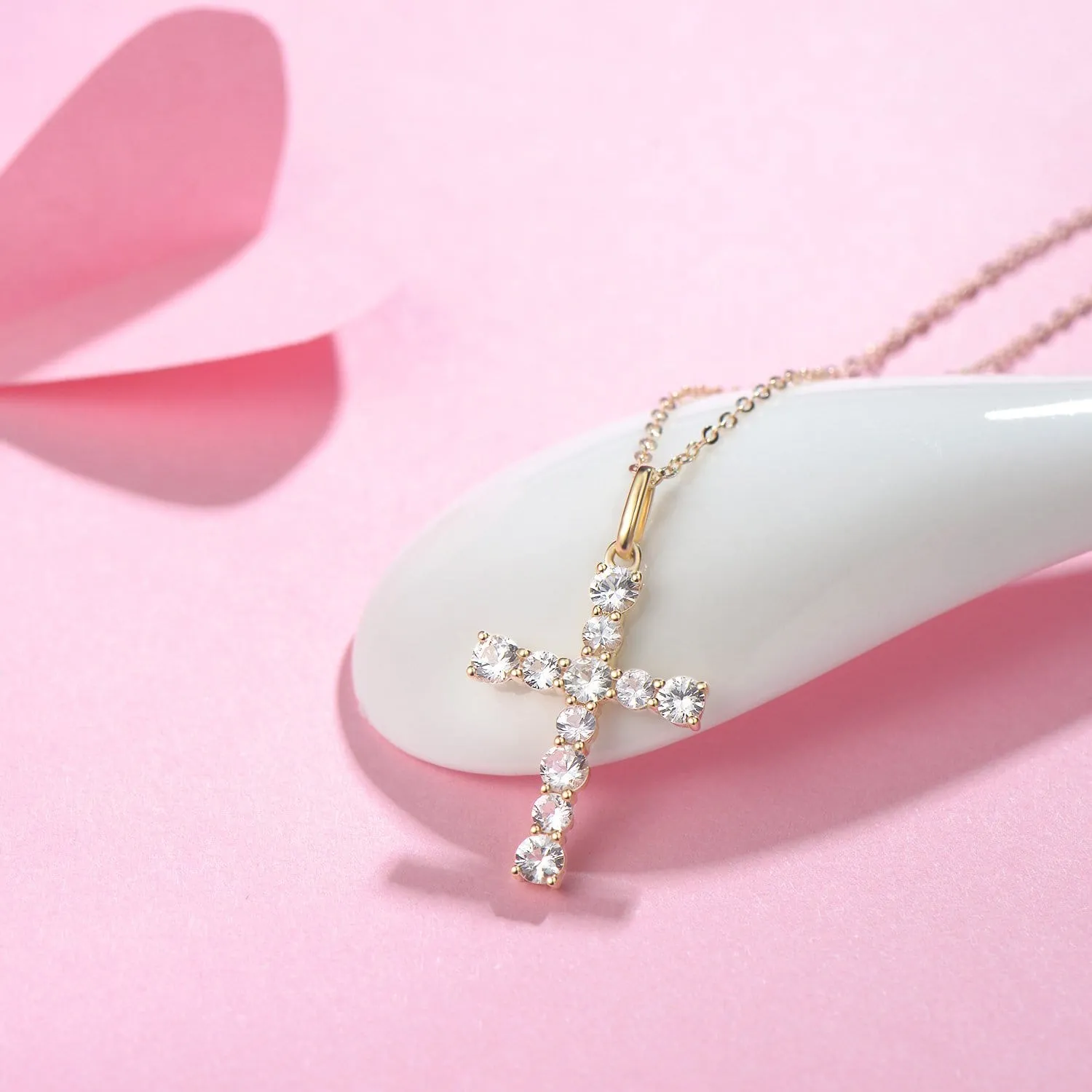 FANCIME White Sapphire Cross 9K Yellow Gold Necklace