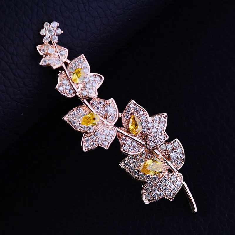 Fashion Cubic Zircon Micro Paved Elegant Maple Leaf Brooch   111